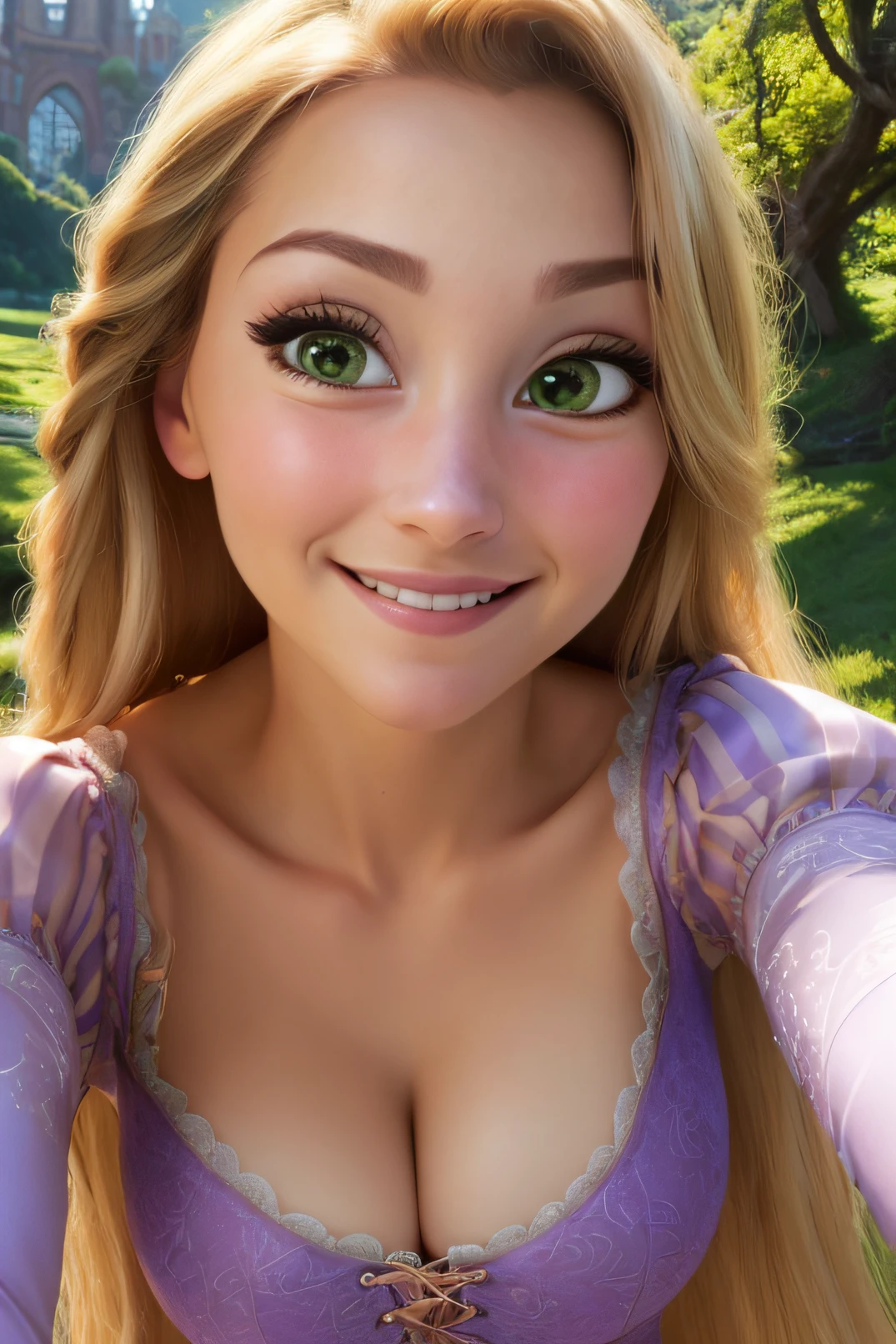 rapunzel, 1girl, long hair, breasts, looking at viewer, smile, blonde hair, long sleeves, dress, cleavage, medium breasts, closed mouth, green eyes, collarbone, puffy sleeves, juliet sleeves, purple dress, selfie, frog(masterpiece:1.2), (best quality), (ultra detailed), (8k, 4k, intricate),(full-body-shot:1), (highly detailed:1.2),(detailed face:1.2),(detailed background),detailed landscape, (dynamic angle:1.2), (dynamic pose:1.2),