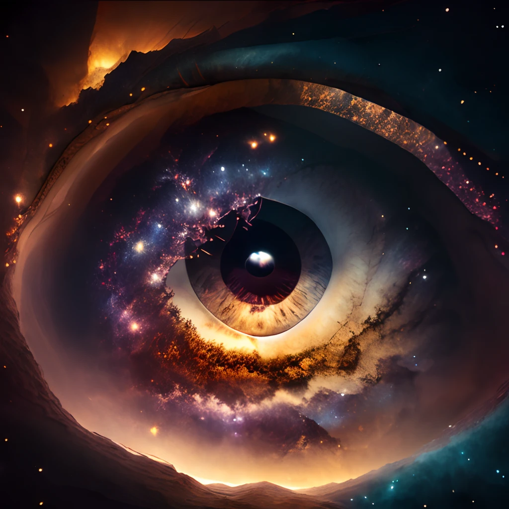 masterpiece, sharp, ultra detailed, 8k, an eye, made by milky way, the midle of the eye is a black hole,( human eye shape),  ((soft dimmed light)), angle view, best quality,  dimmed, (high detailed background:1.2),8k uhd, dslr, soft lighting, high quality, film grain, Fujifilm XT3, intricate detail,