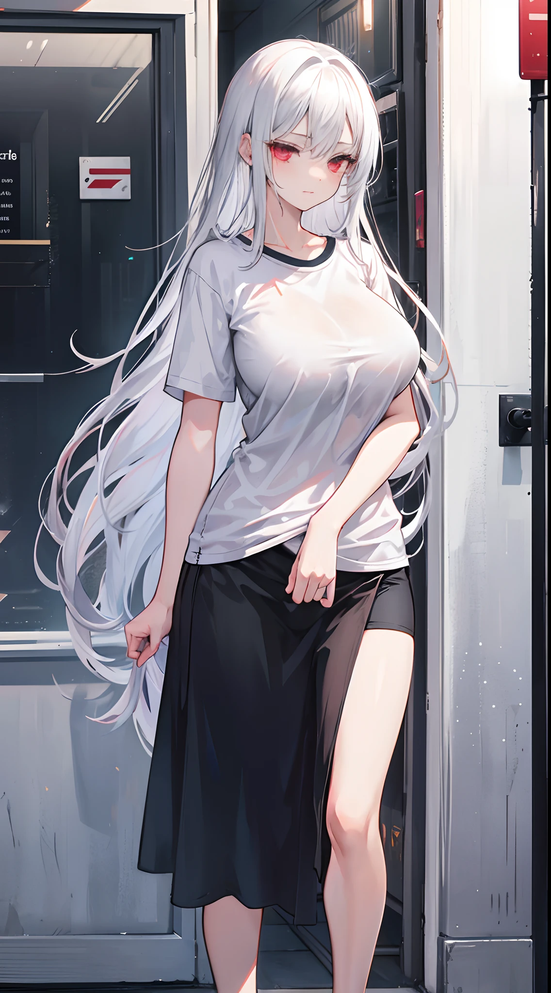 A woman with silver hair and red eyes.... Long hair She walked out the door with a sleepy expression on her face....Wear a long T-shirt.... Slim profile, Fair-skinned, large boobs, Slightly blushing....,