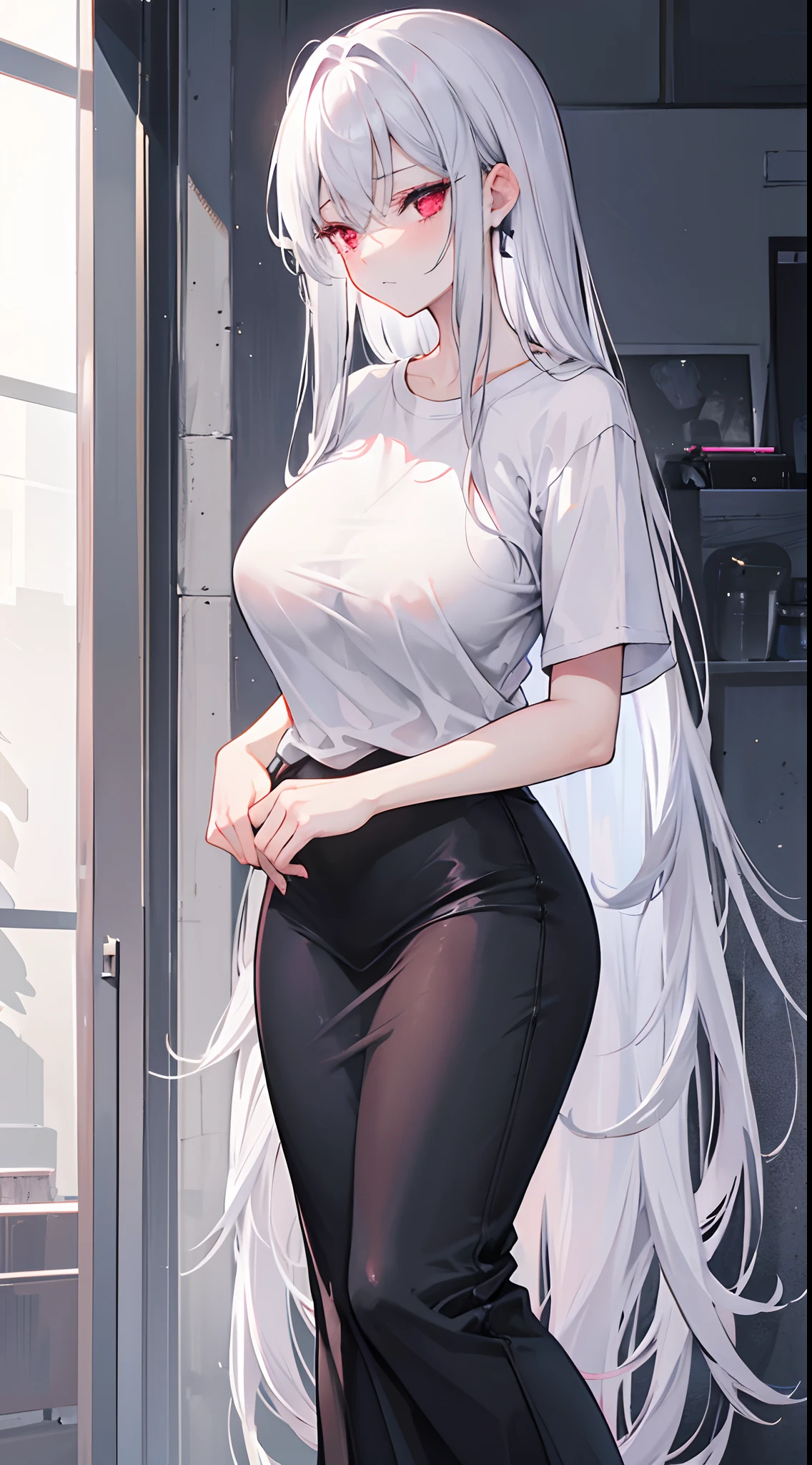 A woman with silver hair and red eyes.... Long hair She walked out the door with a sleepy expression on her face....Wear a long T-shirt.... Slim profile, Fair-skinned, large boobs, Slightly blushing....,