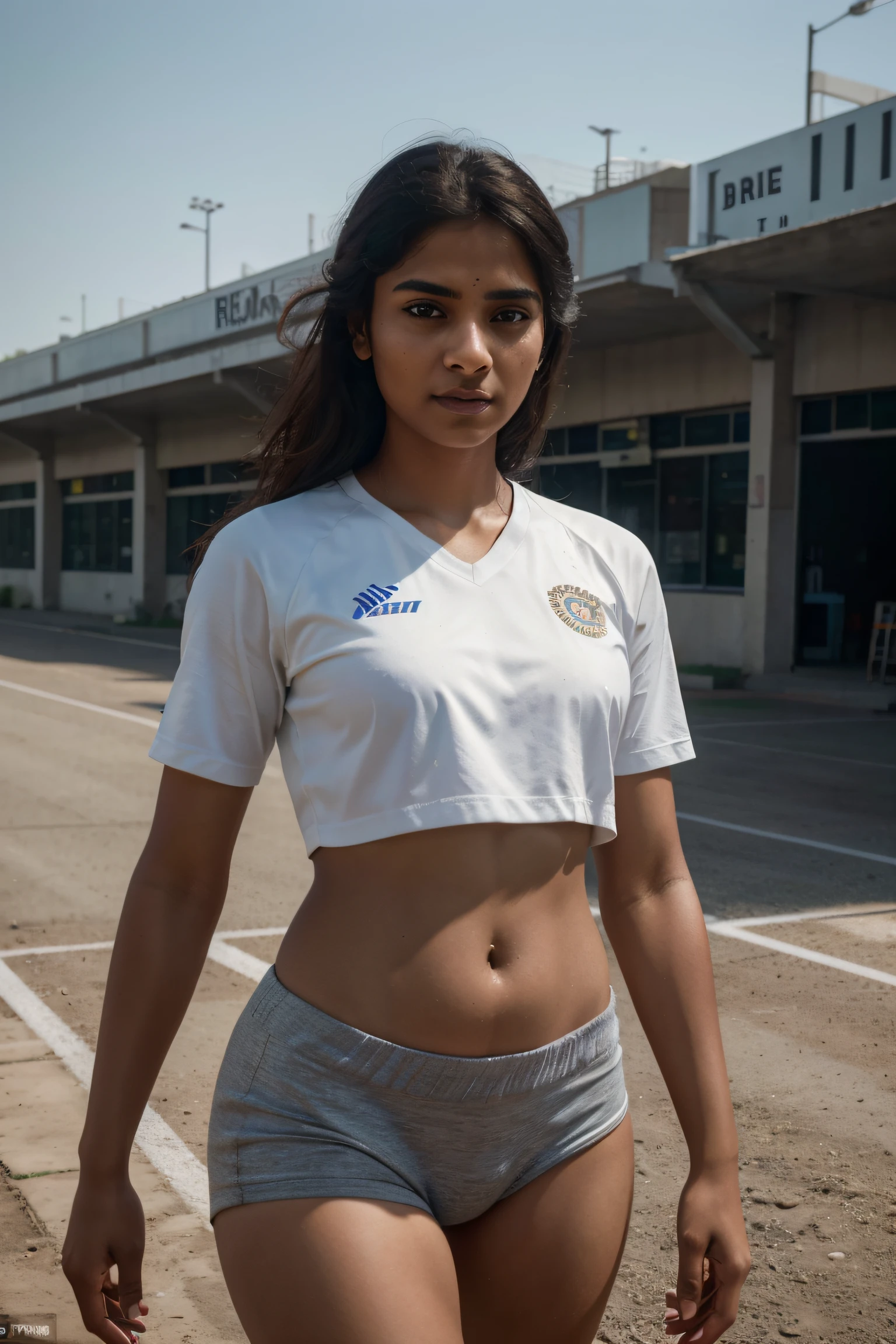 Beautiful mature Indian college student, wearing athletics suit, outside the track field, ((slim, petite)), photorealism, photorealism, masterpiece, realism, realism, photorealism, photorealistic digital art trends in Artstation 8k HD detailed realistic, detailed, skin texture, ultra-detailed, realistic skin texture, armature, best quality, super high resolution, (realism: 1.4),, high resolution, detailed, raw photo, sharp, by Lee Jeffries Nikon D850 Film Stock Photograph 4 Kodak Portra 400 Camera F1.6 Lens Rich colors Ultra-realistic realistic textures Dramatic lighting UnrealEngine ArtStation CineStill 800 trend,