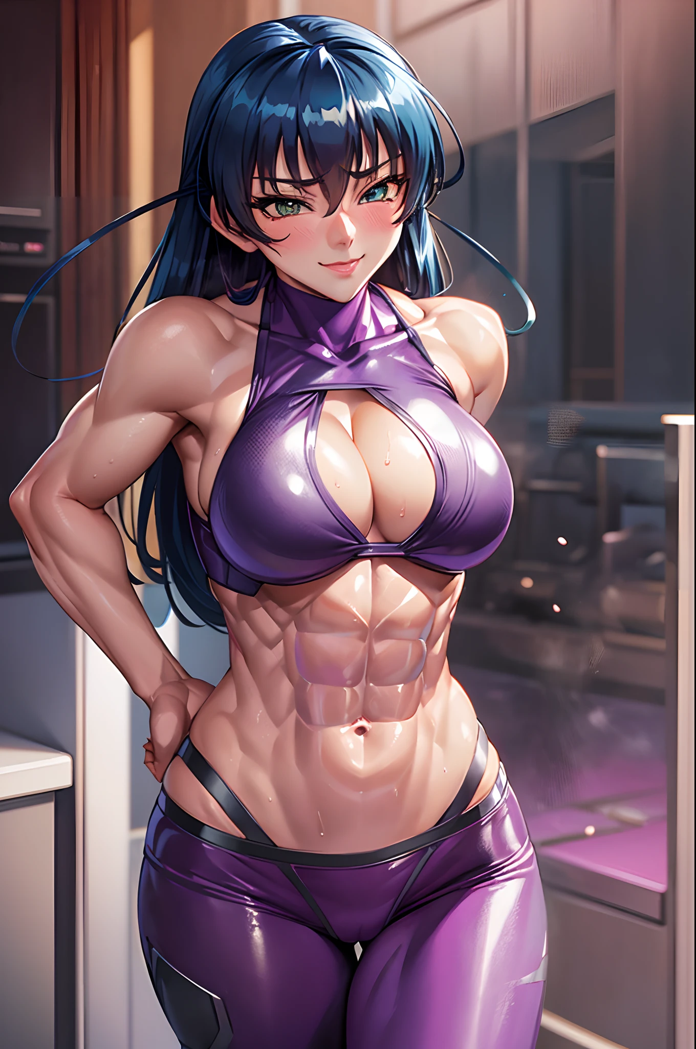 masterpiece, best quality, asagi, 1girl, breasts, solo, sweat, purple bodysuit, large breasts, cleavage, smile, (abs:1.6), toned, looking at viewer, hand on hip, blush, huge breasts, blue hair, long hair, bangs, hair between eyes, green eyes, night, muscular