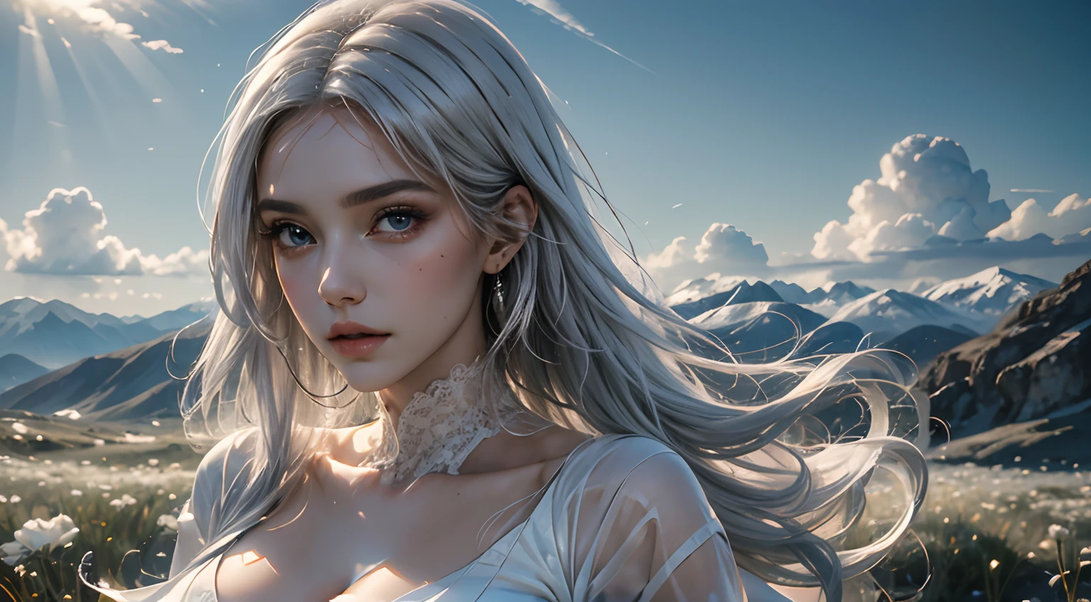 8K high-definition,Look down from above,A sea of flowers,The scene is magnificent,The field of view is wide,A variety of beautiful wildflowers,realistic visual effects,Sexy goddess,Delicate facial features,The eyes are one red and one blue,attractive beautiful,clouds,White clouds fill the sky,Gentle lighting,Delicate warmth,the soft light,hyper HD, Extremely colorful,best qualityer,perfect female shape,HighDynamicRange,long eyelasher,Unbeatable masterpiece,Snow-whiteskin,putting makeup on,Strange sky,A pair of big eyes are beautiful and moving,White skin,Makeup,Sexy outfit,,Sexy goddess,Sexy outfit,Wear white lace,With silver,Snowy
