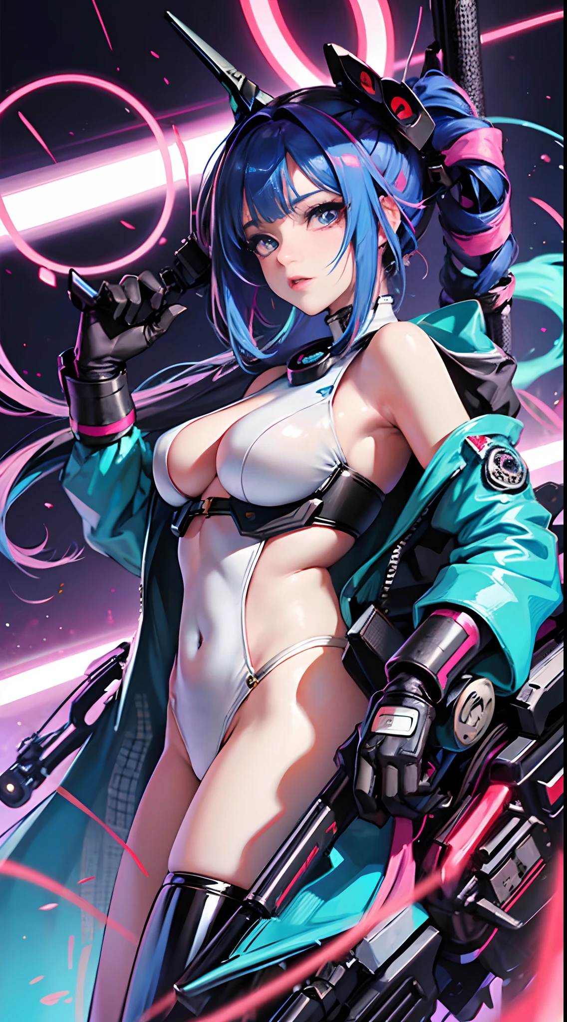 Takashi Murakami,Pop Culture Art,Manga,Female Nsfw Cyborg,erotic posing,fantrome,Hentai,kawaii,Stylish,,busty, Pubic hair,Glamour,Sky blue tones,Psychedelic Costume,Armored,Cyberpunk dystopian girl,Fantastic dystopia,Dystopian landscape,bladerunner,Ghost in the Shell,Photorealistic,Psychedelic and colorful tones,Posing,Armed,guns,arma,masutepiece,ultimate detailed,8K,Detailed background