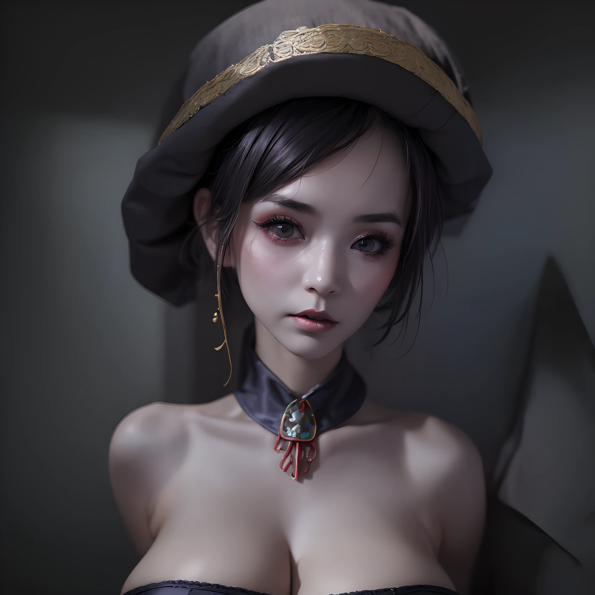 (masterpiece:1.2, Best Quality:1.2, 32K, High resolution), ((Ultra-realistic portrait of jiangshi, 1girl in, black hair, Chinese zombie hat:1.15, Chinese zombie dress, Chinese zombie costume, amulet attached on face:1.5)), (huge cleavage:1.3, huge tits:1.3, huge boobs:1.3, huge breasts:1.3), (Detailed face, Detailed skin texture), (standing, in Abandoned hut:1.3, farms:1.1, in China, horror atmosphere, dark atmosphere)