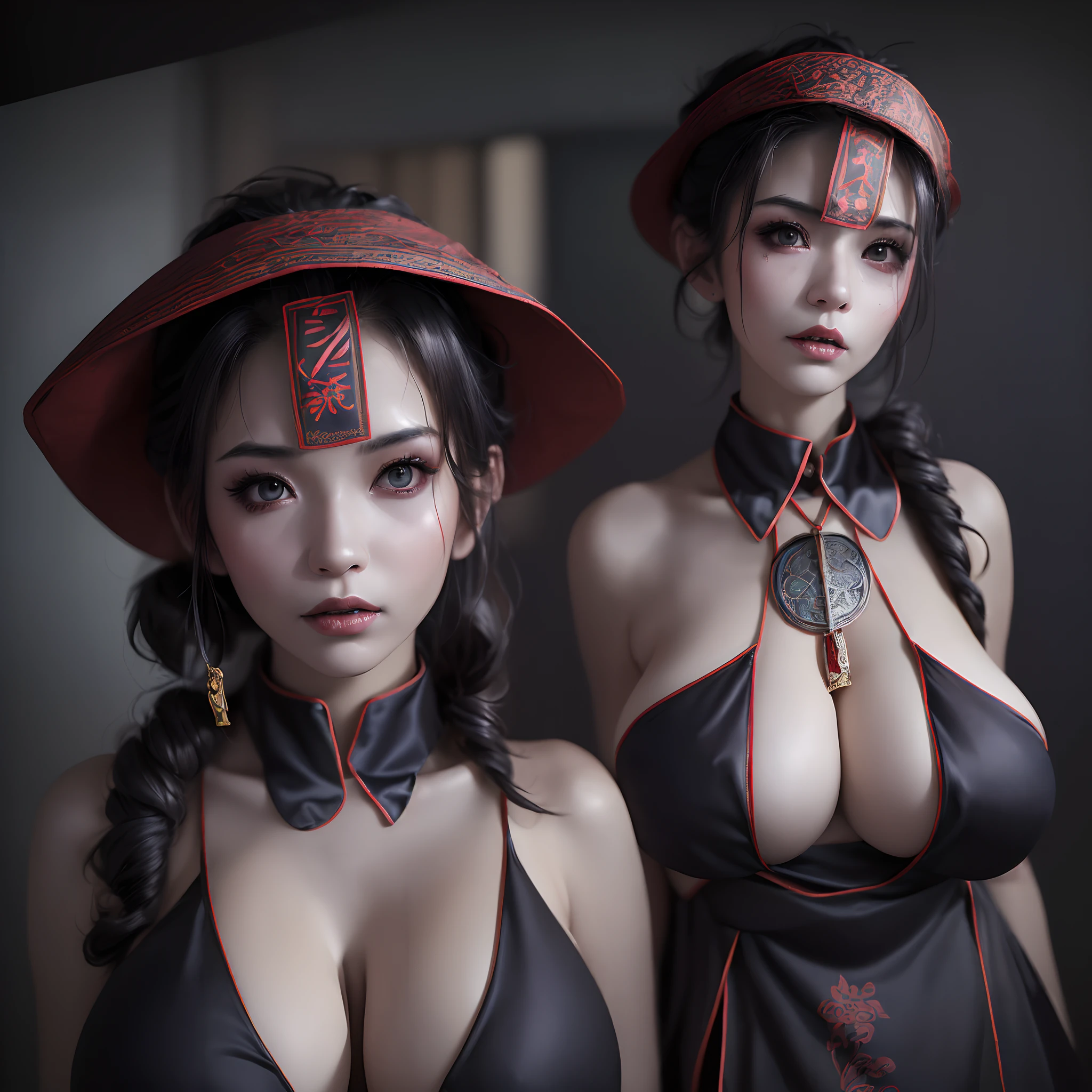 (masterpiece:1.2, Best Quality:1.2, 32K, High resolution), ((Ultra-realistic portrait of jiangshi, 1girl in, black hair, Chinese zombie hat:1.15, Chinese zombie dress, Chinese zombie costume, amulet attached on face:1.5)), (huge cleavage:1.3, huge tits:1.3, huge boobs:1.3, huge breasts:1.3), (Detailed face, Detailed skin texture), (standing, in Abandoned hut:1.3, farms:1.1, in China, horror atmosphere, dark atmosphere)