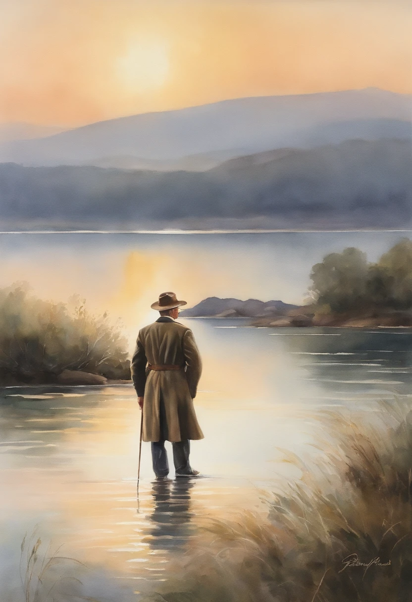 a watercolor portrayal of Baden Powell standing on the Brasília lake, the colors blending softly to create a dreamy, ethereal effect. The waves gently caress the shore, and the distant cityscape is rendered in gentle pastels. Baden Powell's countenance is serene and contemplative, reflecting his deep connection to nature. The lighting is soft and diffused, casting a gentle glow on the scene. The atmosphere carries a sense of tranquility and introspection, inviting the viewer to reflect on the beauty of the natural world.