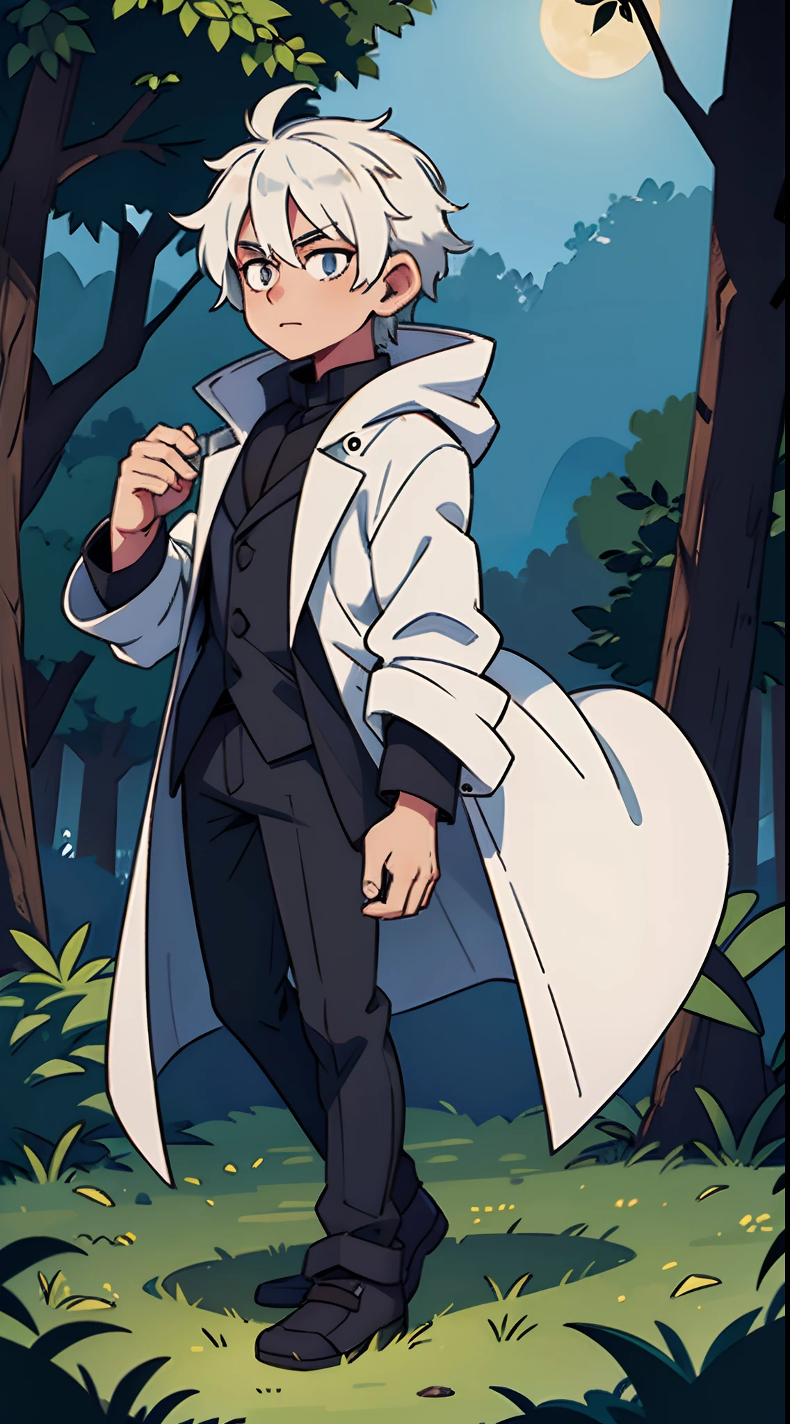 1 male, white haired, black coat, in forest, night time