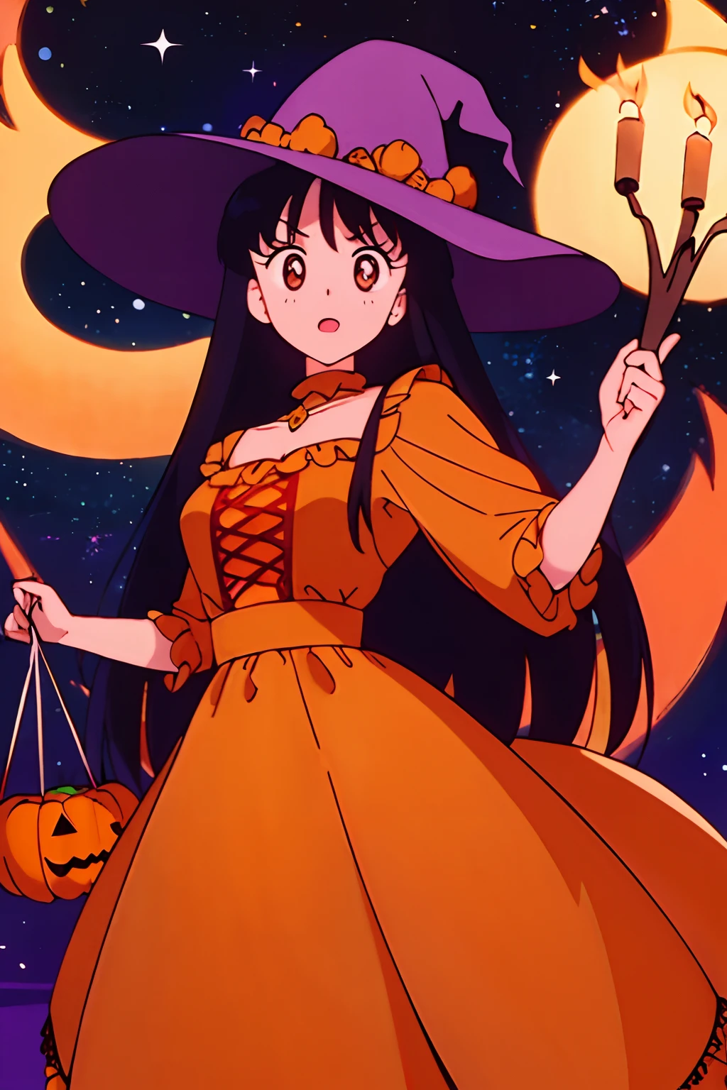 best quality, masterpiece, 1woman, black hair, long hair, witch costume, halloween, pumpkins, ((night sky)), dark, flames