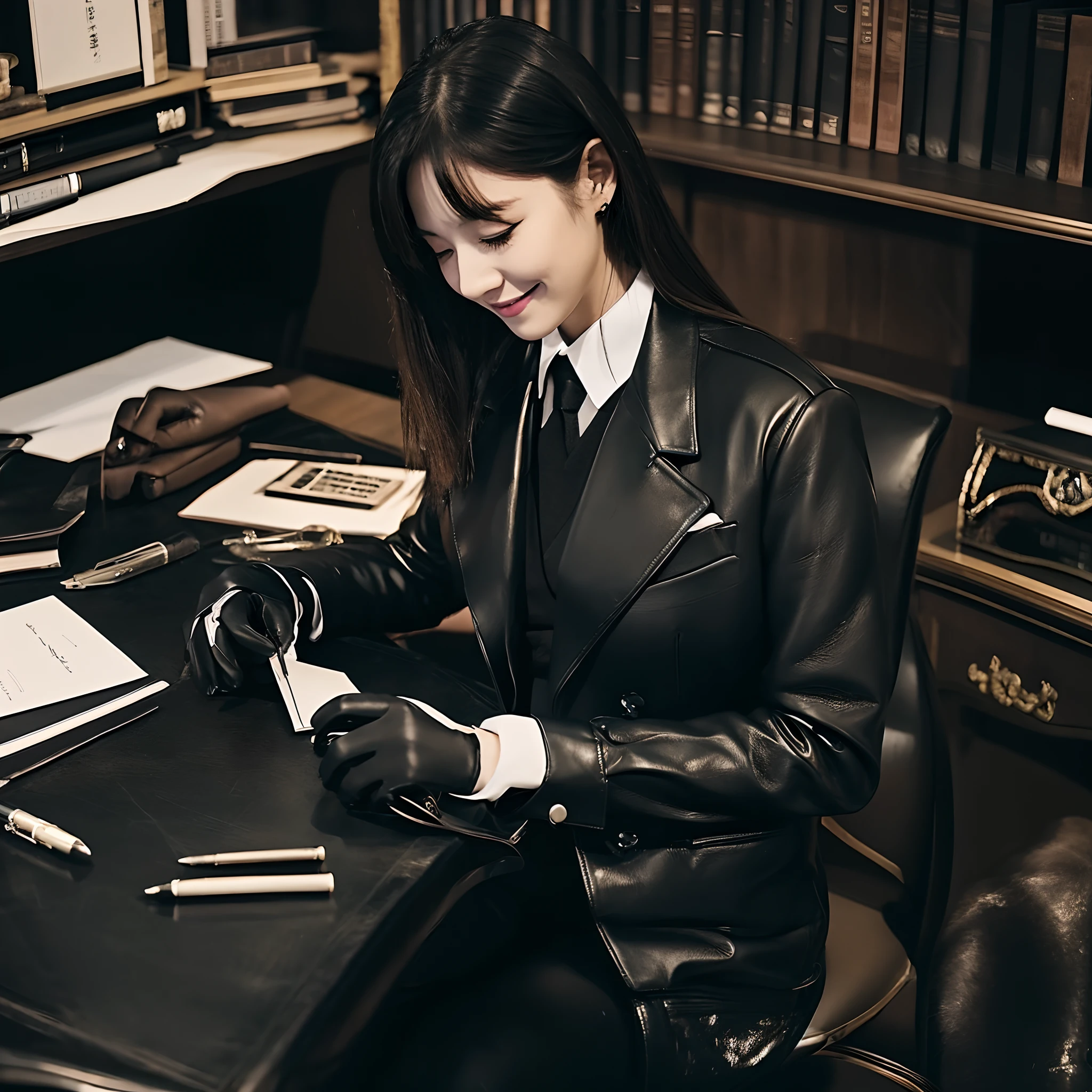 Wearing black leather gloves on both hands, Upper body, Black business suit, Facing a desk in a modern study in the dark, Look down and smile, Use a fountain pen to write a letter, long, Straight black hair, Young japanese lady (Black leather gloves cover both hands)