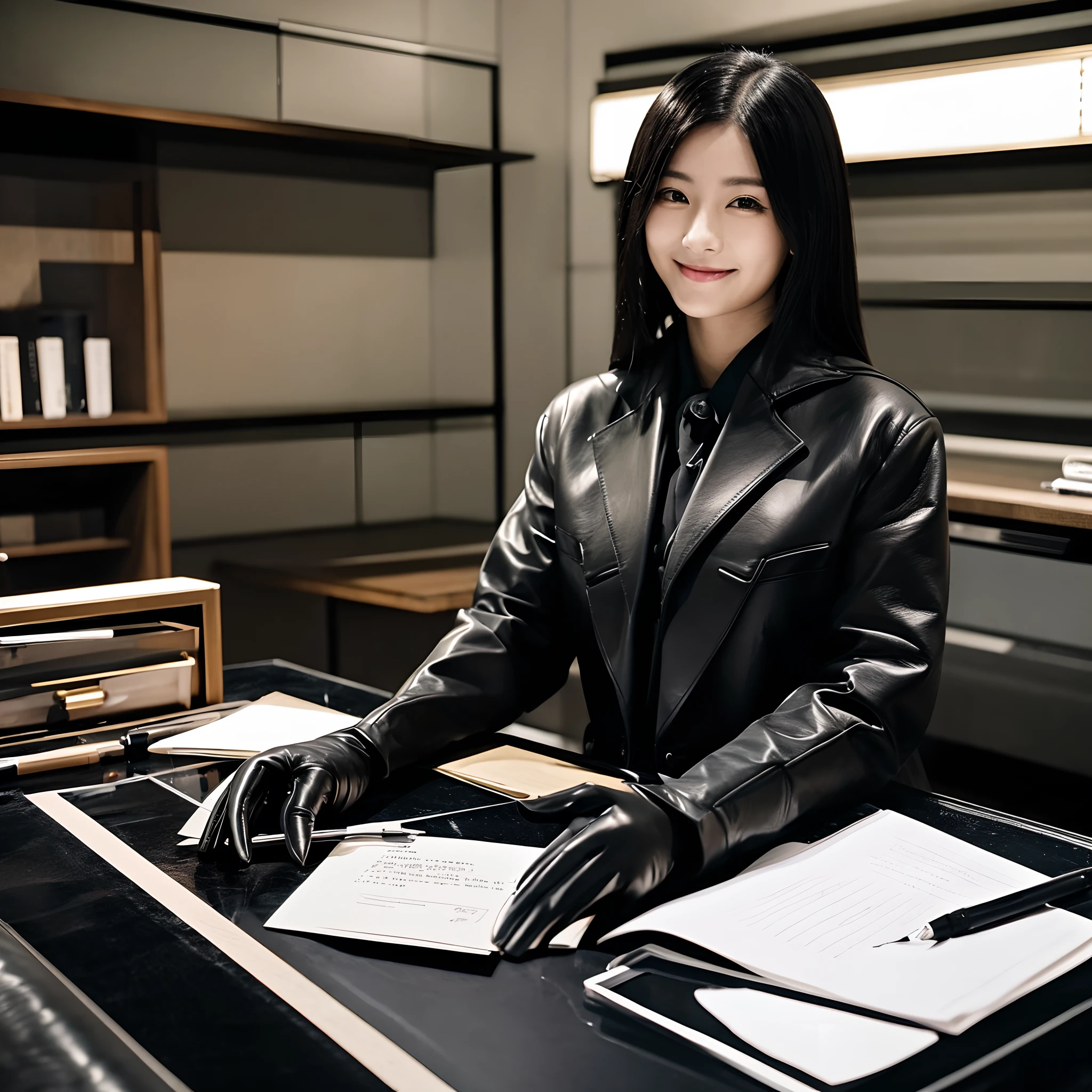 Wearing black leather gloves on both hands, Upper body, Black business suit, Facing a desk in a modern study in the dark, Look down and smile, Use a fountain pen to write a letter, long, Straight black hair, Young japanese lady (Black leather gloves cover both hands)