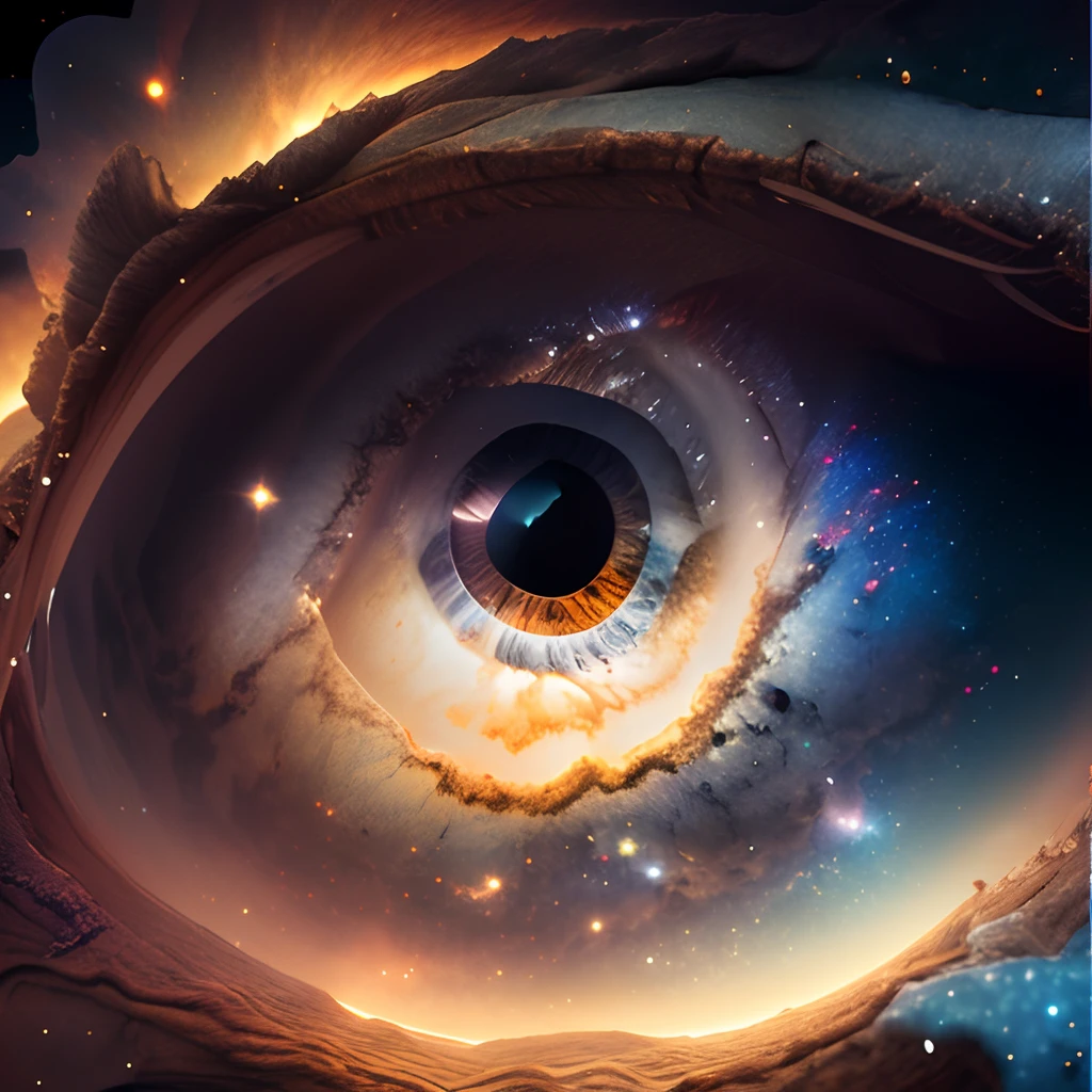 masterpiece, sharp, ultra detailed, 8k, an eye, made by milky way, the midle of the eye is a black hole,( human eye shape),  ((soft dimmed light)), angle view, best quality,  dimmed, (high detailed background:1.2),8k uhd, dslr, soft lighting, high quality, film grain, Fujifilm XT3, intricate detail,