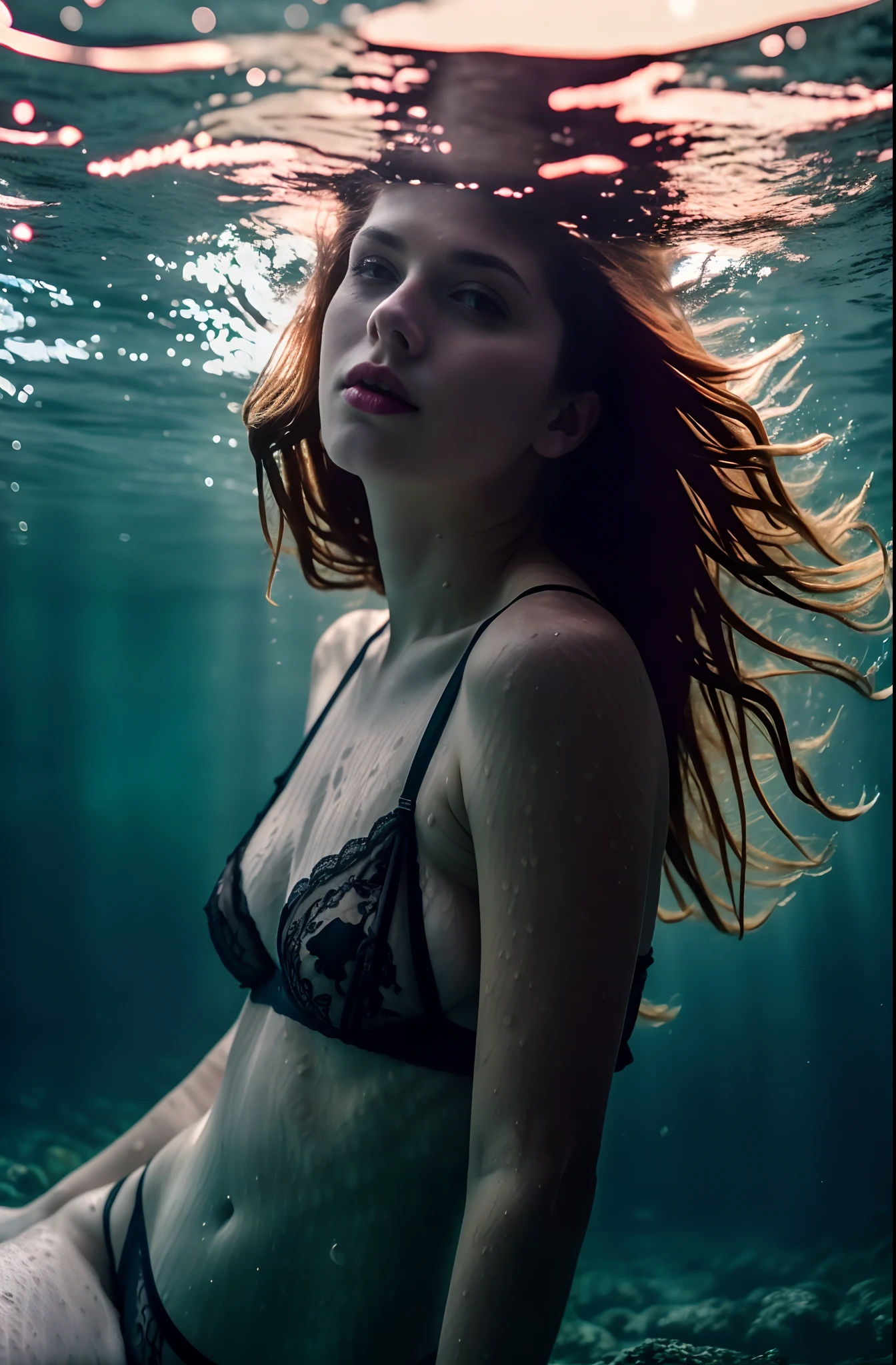 sexy twentytwo year old ginger woman in lace lingerie, messy hair, beautiful erotic woman, candid photograph, (dramatically lit underwater lake:1.3), (dark shot:1.7), photo-realistic, (film grain:1.4), (masterpiece:1.2), sharp image, analog style, award winning photo, best quality,(shot with kodak 400:1.3), sharp,skin pores, (sunkissed freckles on face:0.6), (shot on Fujifilm X-T4:1.2), angular jawline, high cheekbones, large soulful eyes, ( film imperfections:1.2)