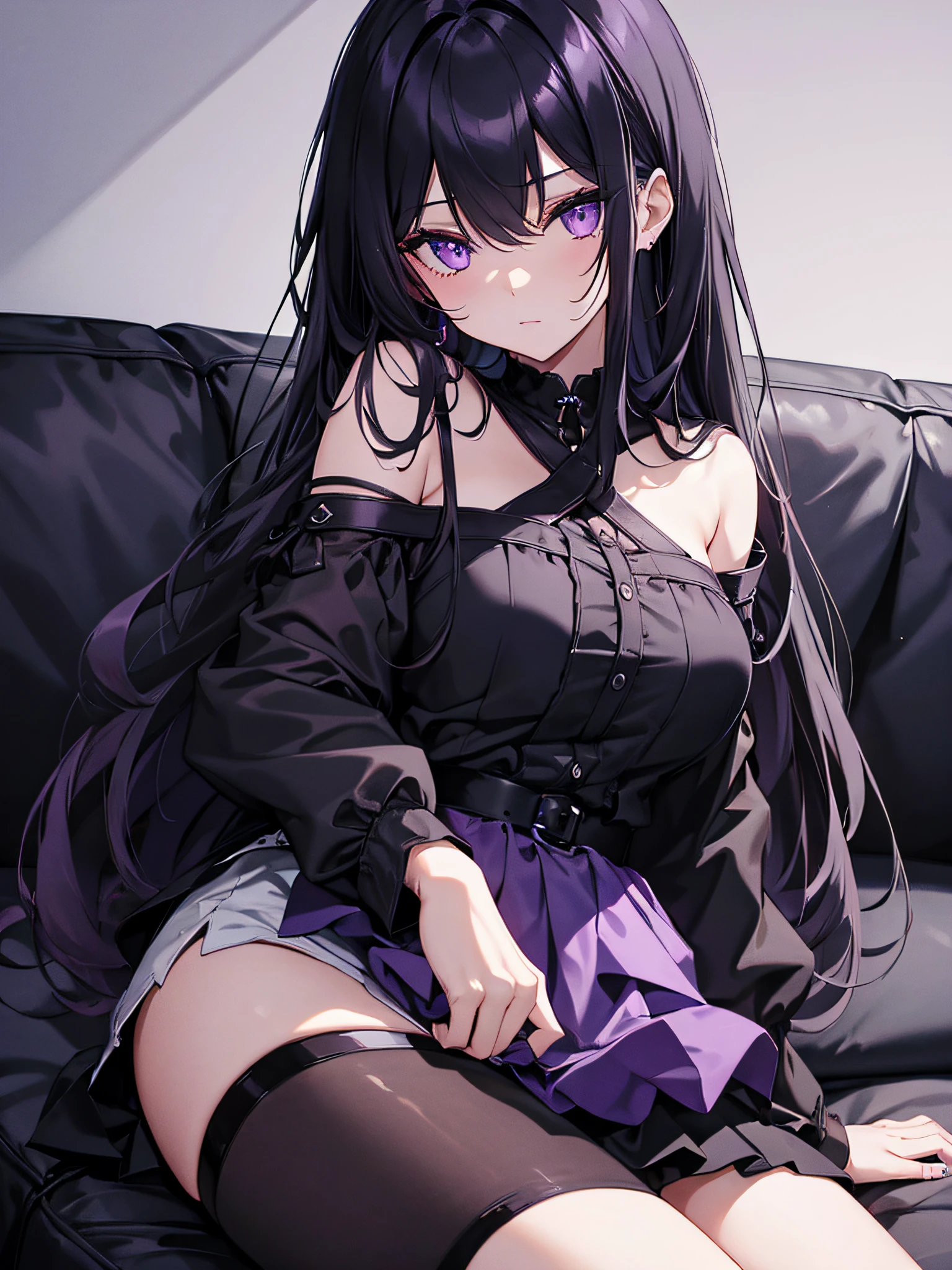 One girl. Long black hair. purple eyes. sitting on the sofa. seductive. shy. horny. dark lighting. ty