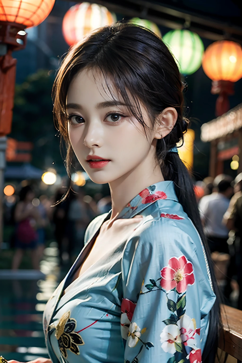 电影灯光，(((tmasterpiece))), ((best qualtiy)), ((intricate and detailed)), ((Ultra-realistic realism)), 4K,1beautiful woman, 25-years old, poneyTail,Ultra-fine yukata,beautiful countenance,Beautiful brown eyes,face perfect,A slender,large full breasts,having a good time, Large fishbowl , Swirling flocks of goldfish, Floating goldfish, Graphic illustration, see fishes swimming,A lot of goldfish, amazing depth, Cutest, Lots of fish balls,Goldfish scooping at a summer festival, (The background is the summer festival of the shrine:1.4), Silver hair, split ponytail, star-shaped pupils, conceptual art, Art Nouveau, Glowing light, nffsw, Textured skin, masutepiece, Anatomically correct, Best Quality, 8K