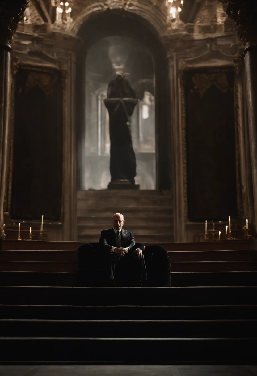In this ominous scene, a man dressed in an impeccably tailored black suit is seated on a dark, foreboding throne. His presence exudes an air of malevolence, and his posture exudes an unsettling confidence. His eyes, a piercing shade of crimson, radiate a sinister and unsettling energy, reflecting the darkness within. The lines of his face are etched with a malevolent expression, a sinister smirk curling on his lips. The throne itself is ornate, but its intricate details are marred by an underlying sense of darkness and decay. Shadows loom in the background, emphasizing the aura of evil that surrounds this figure. This image is a chilling portrayal of the Antichrist, evoking fear and apprehension in those who gaze upon it.Cinematic realistic portrait, bonito rosto detalhado, rosto realista altamente detalhado, Rosto altamente detalhado de 8k, retrato de rosto detalhado realista, 8k portrait render, sharp high detail face, realistic face moody lighting, rosto realista detalhado, rosto realista humano, Retrato VFX altamente detalhado, rosto detalhado e realista, rosto realista e detalhado