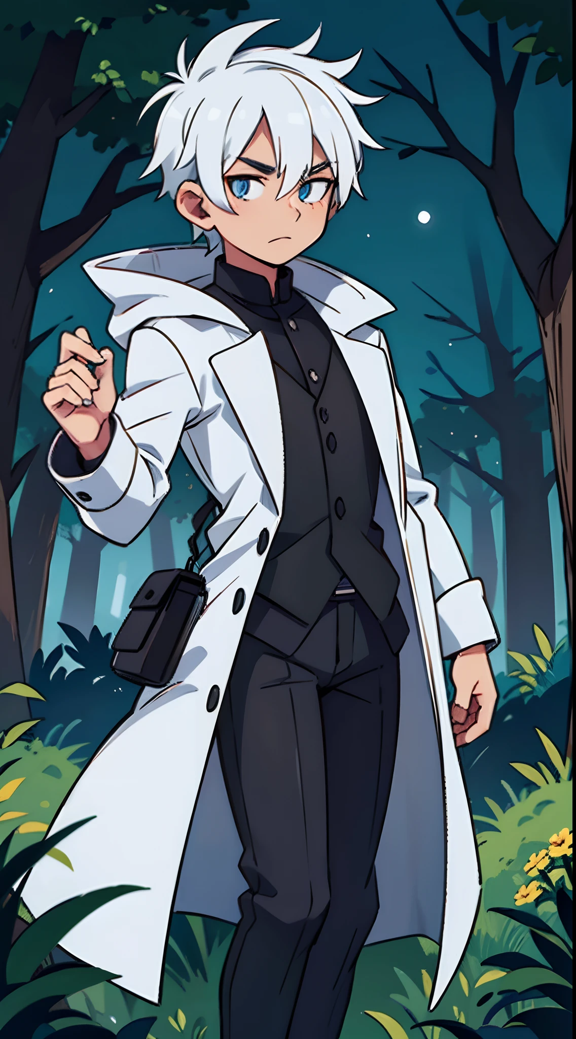 1 male, white haired, black coat, in forest, night time