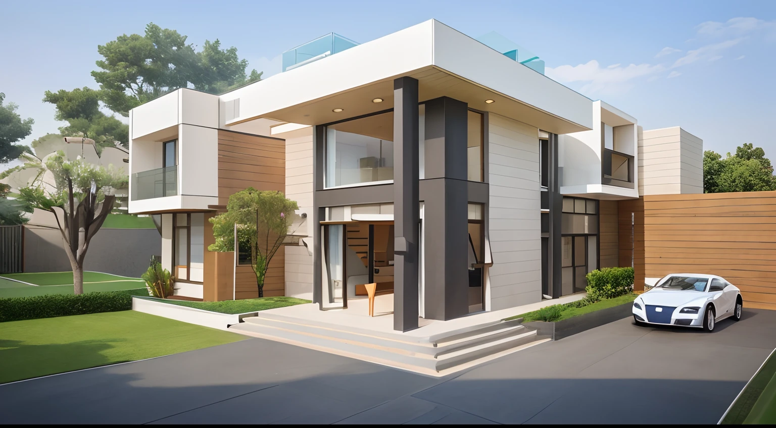 rendering of a modern house with a car parked in front, exterior design, concept house, contemporary house, residential design, frontview, inter dimensional villa, neotraditional modern, front elevation view, architectural concept, modern house, front perspective, front view, front-view, all white render, architectural concepts, 3 / 4 view, 3/4 view, front view dramatic
