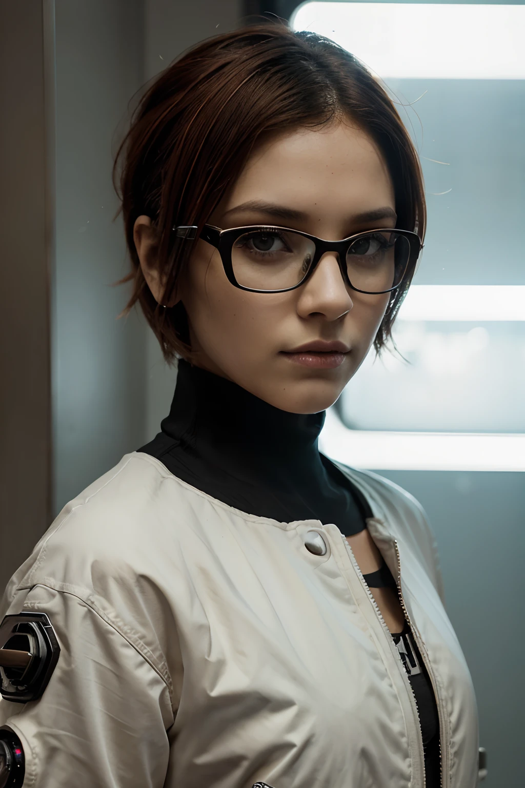 Front view, Looking at camera, Foto RAW,((jaqueta preta estilo cyberpunk:1.2)), ((retrato)), Android robot woman with short red hair, 30 years old with large glasses with modern aviator style design, olhos castanhos escuro, olhos perfeitos, ((fundo branco:1.2)), studio lighting, alta qualidade, filmic grain, Fujifilm XT3, Centralizado