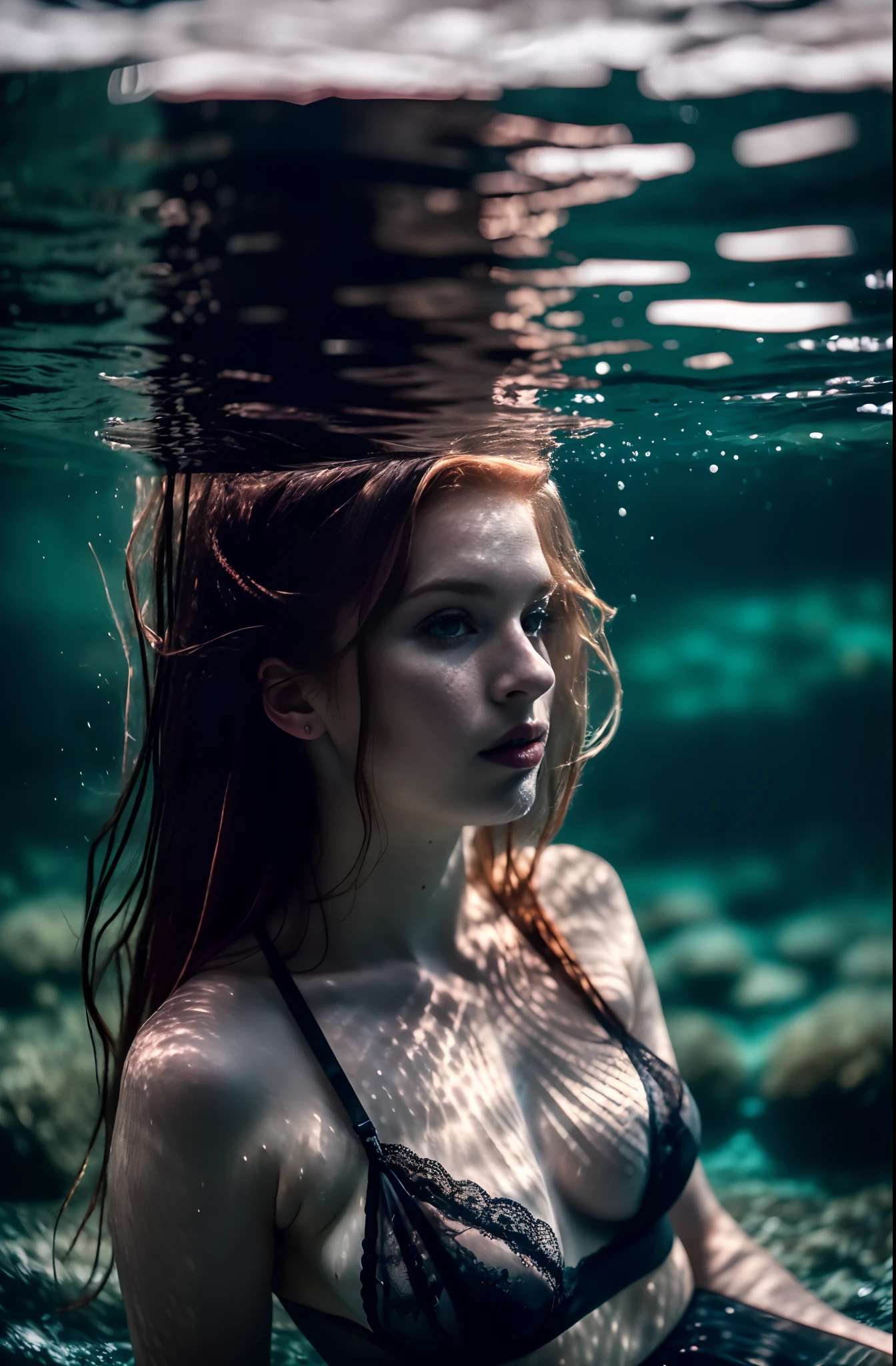 sexy twentytwo year old ginger woman in lace lingerie,  messy hair, beautiful erotic woman, candid photograph, (dramatically lit underwater lake:1.3), (dark shot:1.7), photo-realistic, (film grain:1.4), (masterpiece:1.2), sharp image, analog style, award winning photo, best quality,(shot with kodak 400:1.3), sharp,skin pores, (sunkissed freckles on face:0.6), (shot on Fujifilm X-T4:1.2), angular jawline, high cheekbones, large soulful eyes, ( film imperfections:1.2)