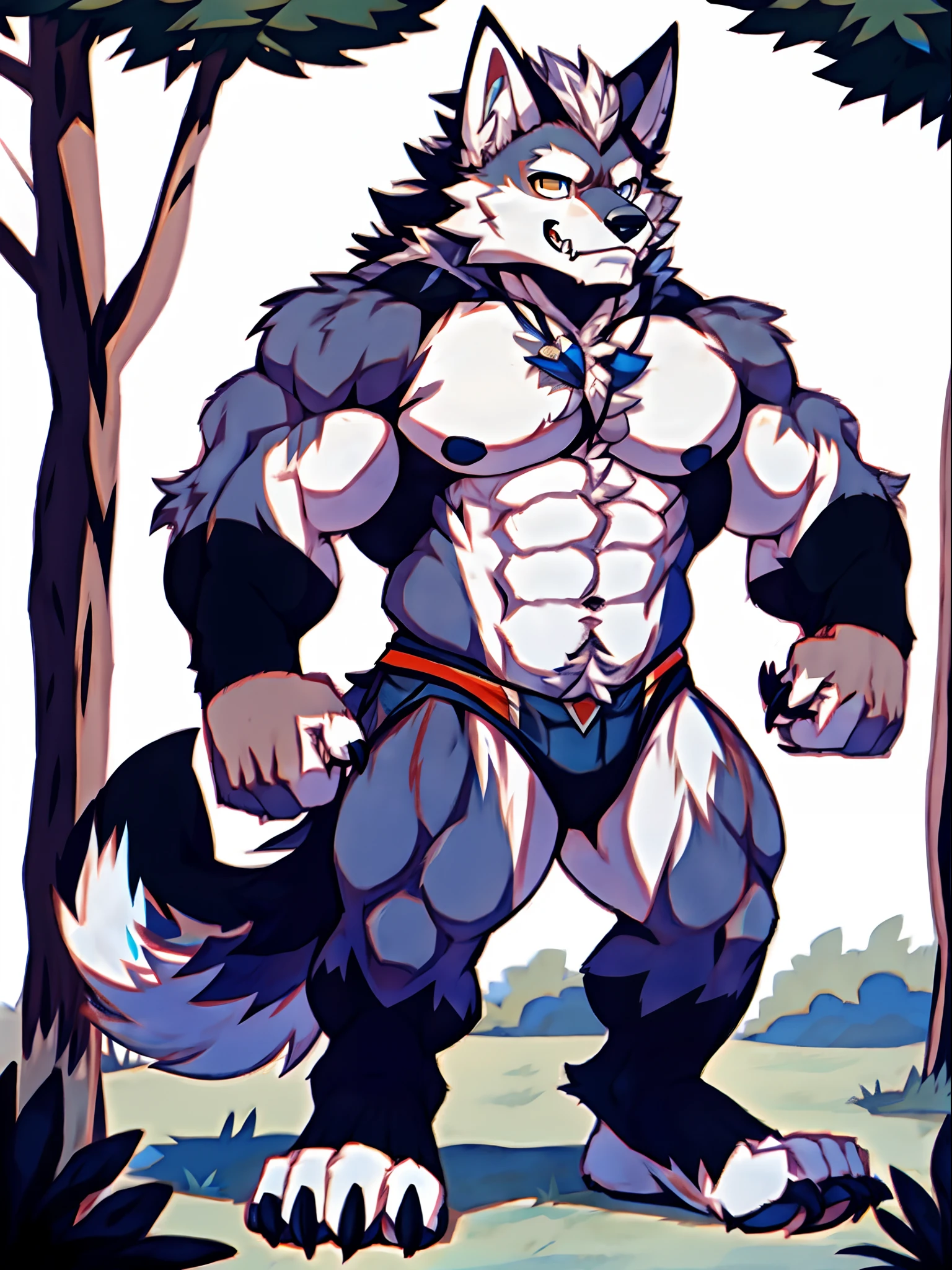 Human-wolf，musculous，Hairy all over，clawed paws，erect through