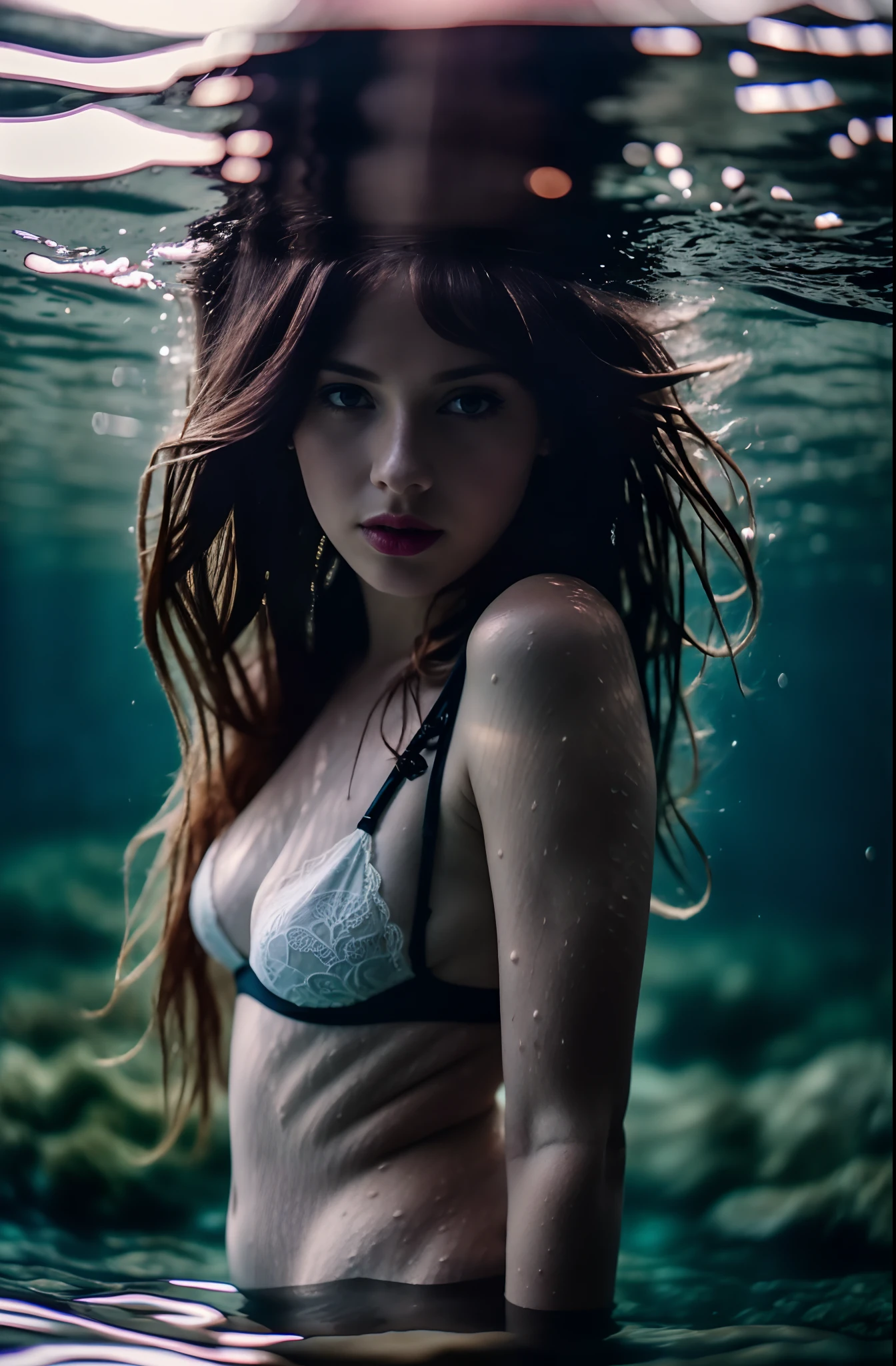 sexy twentytwo year old ginger woman in lace lingerie, messy hair, beautiful erotic woman, candid photograph, (dramatically lit underwater lake:1.3), (dark shot:1.7), photo-realistic, (film grain:1.4), (masterpiece:1.2), sharp image, analog style, award winning photo, best quality,(shot with kodak 400:1.3), sharp,skin pores, (sunkissed freckles on face:0.6), (shot on Fujifilm X-T4:1.2), angular jawline, high cheekbones, large soulful eyes, ( film imperfections:1.2)