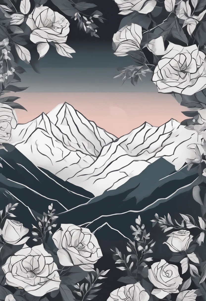 Mountain minimalist background, Drawing is simple, Drawn，Rose flowers，geometric figure，Flattening，Thorn vine