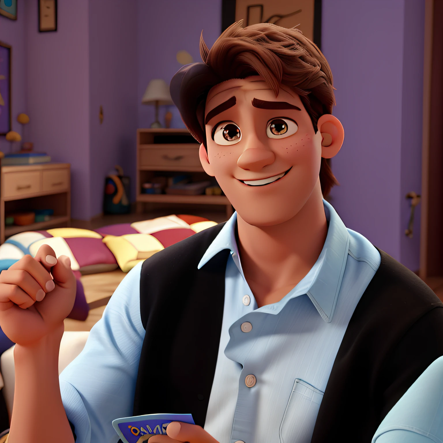 Poster no estilo Disney pixar, alta qualidade, melhor qualidade, homem com camisa jeans e colete marrom em um apartamento com paredes roxas