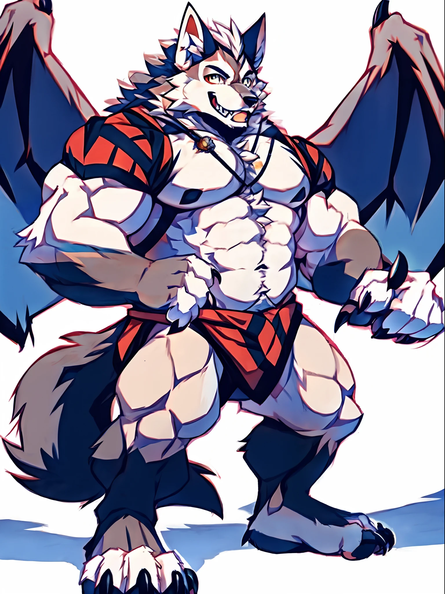 Human-wolf,musculous,Hairy all over,clawed paws,erect through