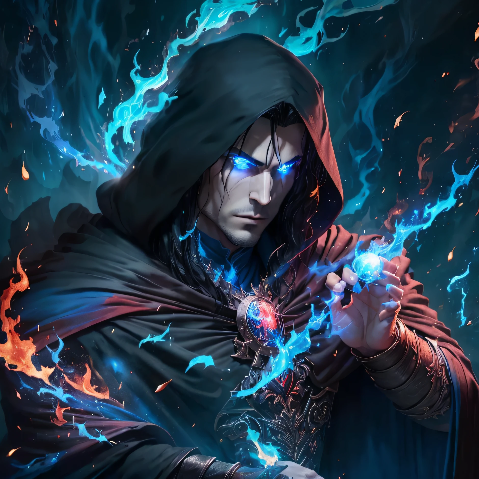 dark muscular male, Mordred evil lord with long black hair wearing black , dark muscular male evil lord with long black hair wearing black and red cloak throwing blue flames from his hands, magic, magician, blue flames, blue fire red cloak throwing blue flames from his hands, magic, magician, blue flames, blue fire