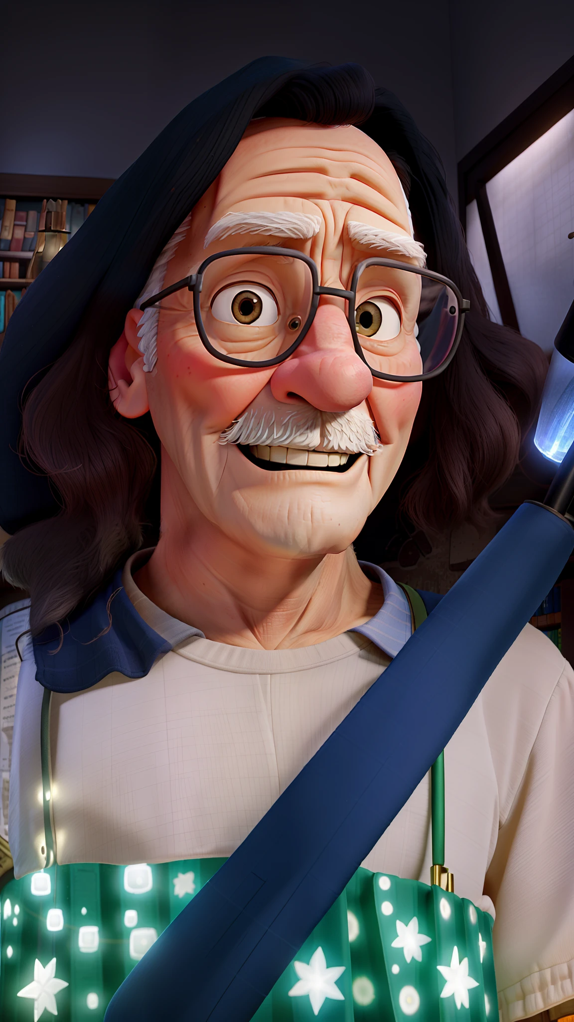 A wise old man standing in front, illuminated by the light of a lamp, against the backdrop of a library