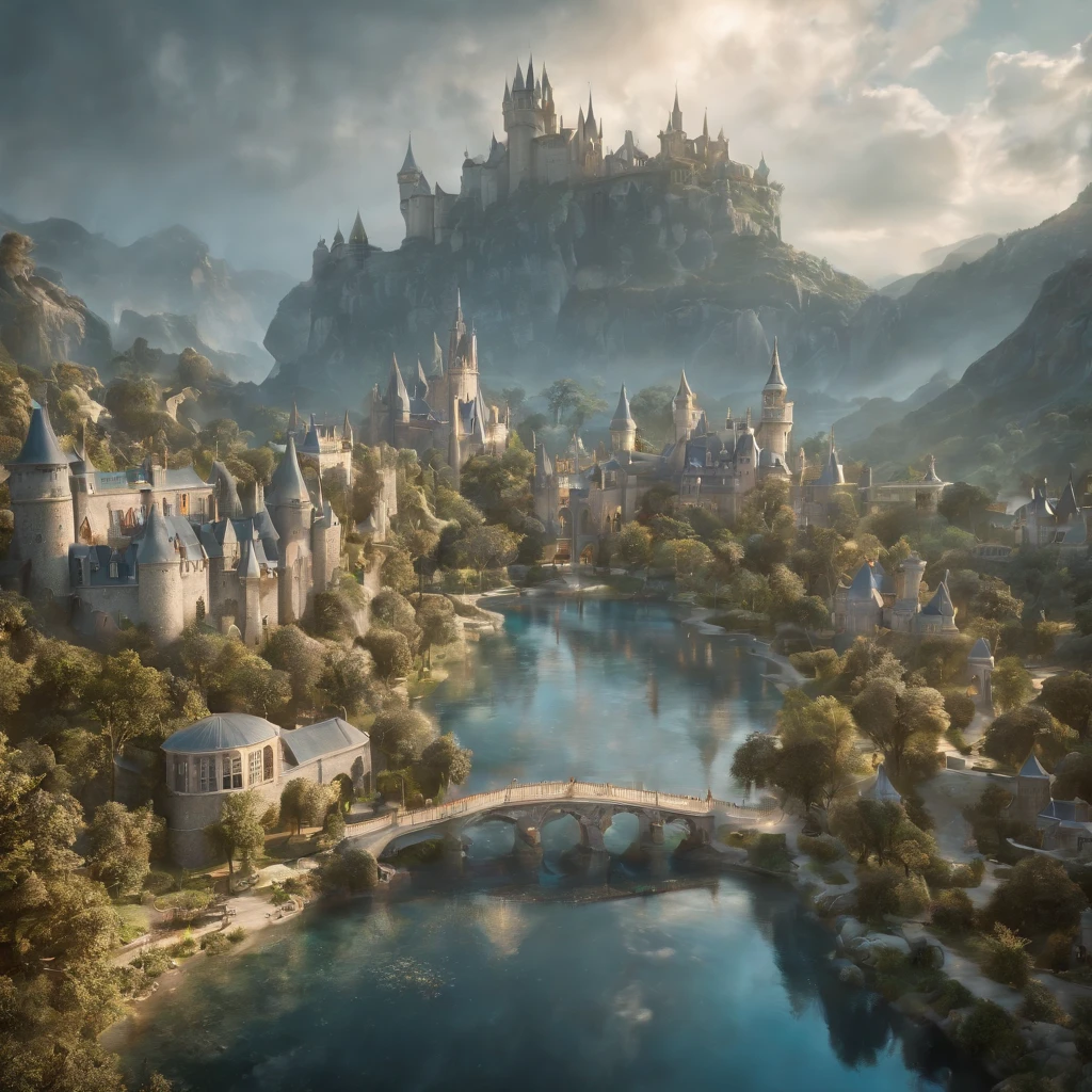 Fairy tales, Neverland city. reality is an illusion. a beautiful landscape combined with a large futuristc pattern. magical atmosphere, lightness, airiness. oil painting., trending on artstation, sharp focus, studio photo, intricate details, highly detailed, by greg rutkowski