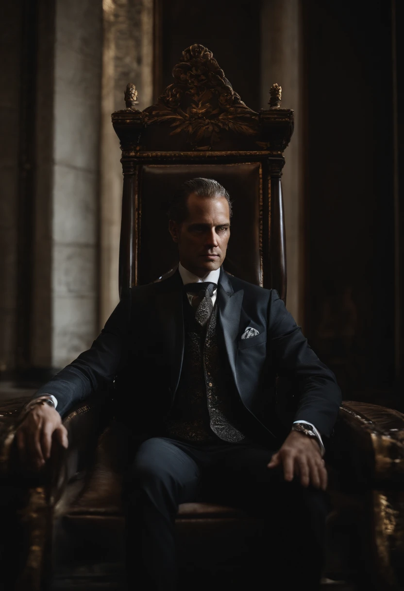 nesta cena sinistra, A man dressed in an impeccably tailored black suit is sitting in a dark, Trono de pressentimento. His presence exudes an air of evil, And his posture exudes an unsettling confidence. Seus olhos, um tom penetrante de carmesim, irradiar uma energia sinistra e inquietante, Reflecting the darkness within. The lines of his face are etched with a malevolent expression, A sinister smile curling around his lips. The throne itself is ornate, But its intricate details are marked by an underlying sense of darkness and decay. Sombras surgem ao fundo, enfatizando a aura de mal que envolve essa figura. This image is a chilling portrait of the Antichrist, evoking fear and apprehension in those who behold it.Cinematic realistic portrait, bonito rosto detalhado, rosto realista altamente detalhado, Rosto altamente detalhado de 8k, retrato de rosto detalhado realista, 8k portrait render, sharp high detail face, realistic face moody lighting, rosto realista detalhado, rosto realista humano, Retrato VFX altamente detalhado, rosto detalhado e realista, rosto realista e detalhado