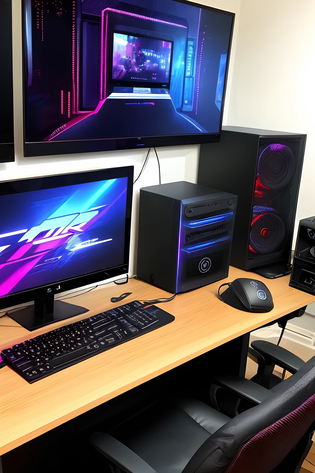 there is a desk with a computer and a keyboard on it, cyberpunk setting, dark setup, gaming room, satisfying cable management, in a cyberpunk themed room, computer setup, gamer screen on metallic desk, cozy environment, gamer themed, floating monitors, home office, gamer aesthetic, intricate detailed 8 k, 8k in the style, pc gaming, cables and monitors