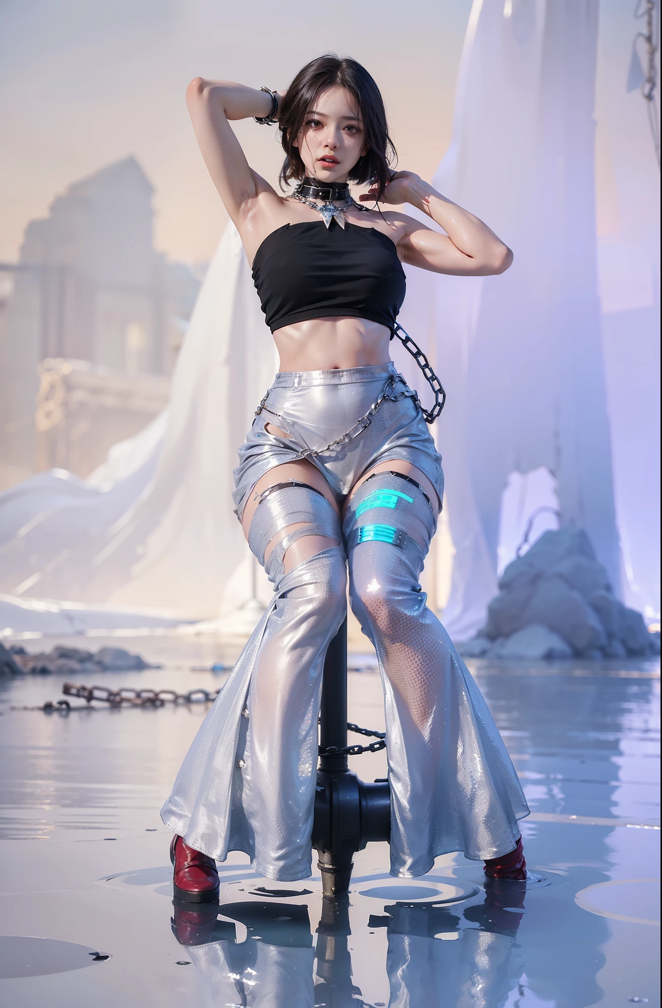 ,((Wearing a torn sheer costume of a superheroine)),(, No bra)), Wet crotch, Wet thighs, Beautiful girl with accentuated slender abs: 1.4, (((nipple tips protruding, areola is protruding, The shape of the pubic region is clearly visible)), sixpack abs: 1.4, Bust Botox, Photo, Sharpness, Unique 850 4, Koda850 k portrait camera, F1.6 shots, Ultra-realistic textures, Spectacular light textures, Cinestil 800 Fashion Mechanics, (futuristic sci-fi battle fashion: 1.1), (tied perfectly by chain), Restraint, Slaves, collars, ((wide prison with sunlight)), Dark fantasy, Realistic material details, extreme hight detail, Ultra-realistic materials ((Torn costume))), Wet, Cloudy, (Chained)), ((big emphasized by chains)), ((chains digging into crotch)), ( (Collar)), (, No bra), shredded costumes, broken golden shields and battle spears,, White combat gloves, Combat shoulder armor, Blood splattered on the face, Blood splattered, Realistic, (Bruises, Dirty, ripped clothing, skimpy clothing, Blood: 1.3), Torn Cape, Torn pantyhose, Long legs, ((iron pipe in the crotch)), Metallic shackles and fetters, ((chains hung from heaven)), Wet crotch is clearly visible, Swarovski's sword and the anatomy beneath his feet, (futuristic sci-fi battle fashion, Torn mesh stockings),Mirrored floor