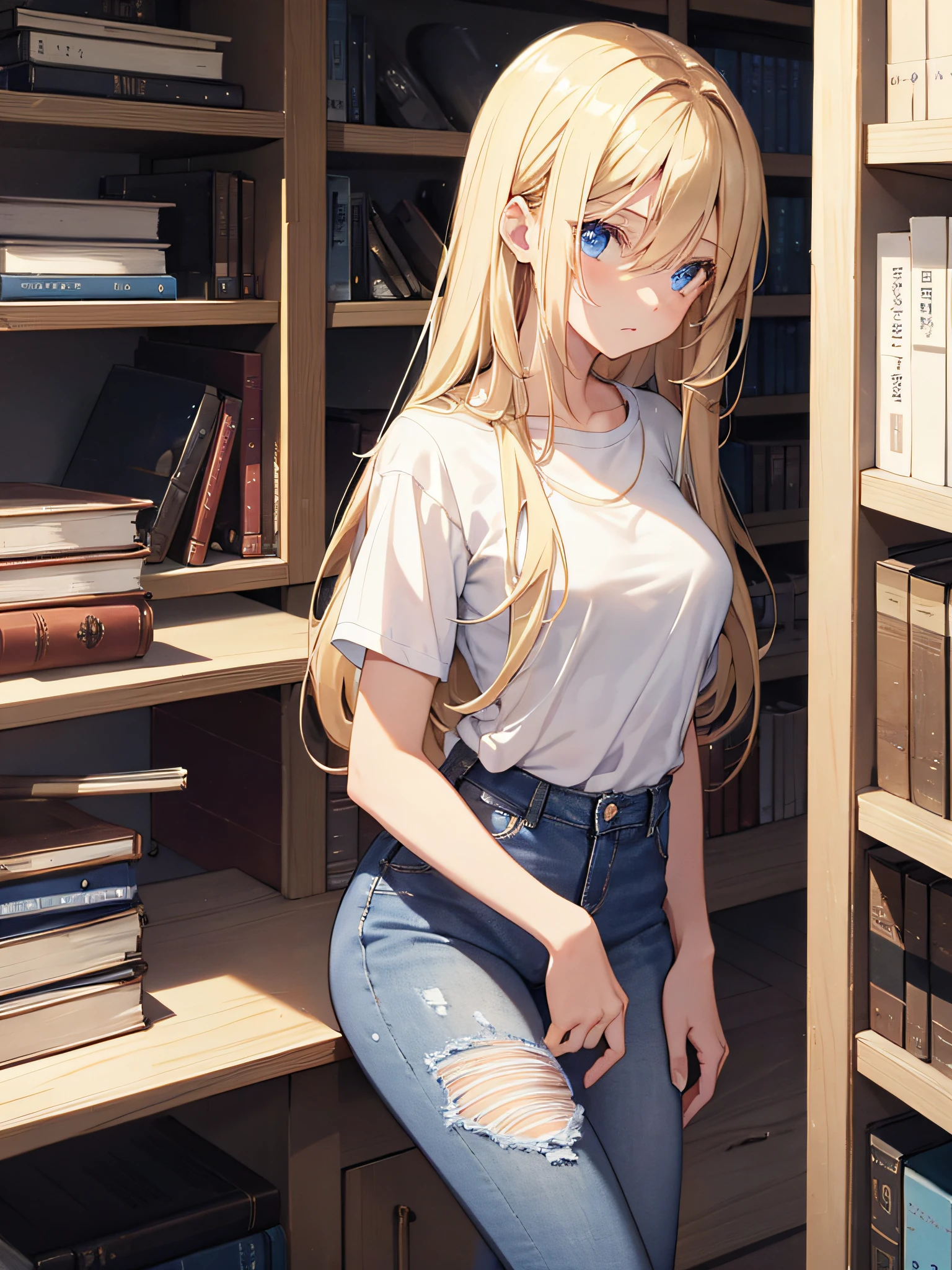 One girl. long blonde hair girl. blue eyes. blue short jeans. white t-shirt. she's in the library. dark lighting seductive. shy