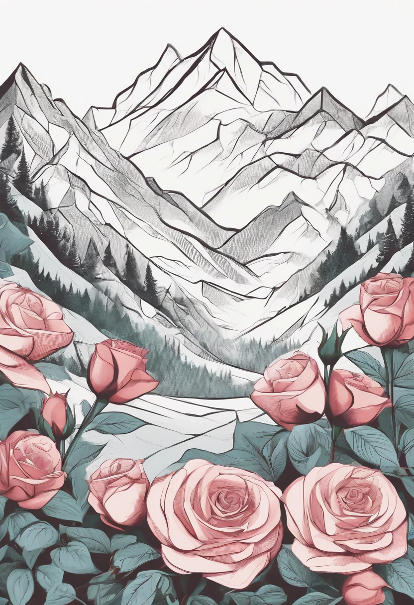 Mountain minimalist background, Drawing is simple, Drawn,Rose flowers,geometric figure,Flattening,Thorn vine