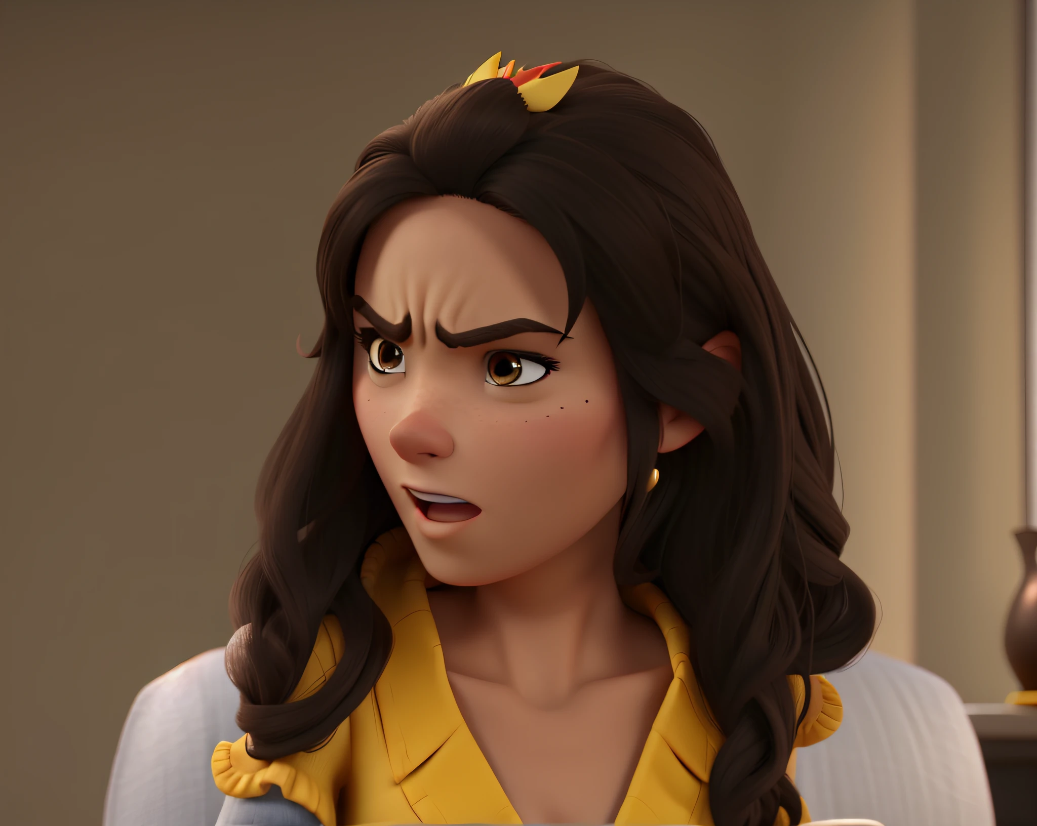 An angry brunette woman disney pixar style, high quality, best quality