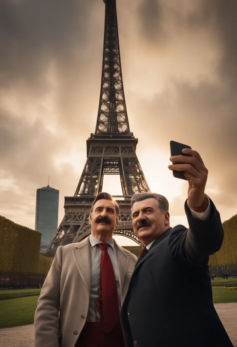 (best quality,4k,8k,highres,masterpiece:1.2),ultra-detailed,(realistic,photorealistic,photo-realistic:1.37),Stalin,Hitler,taking a selfie together,selfie in front of the Eiffel Tower,(extremely detailed faces:1.1),(extremely detailed expressions:1.1),(extremely detailed clothes:1.1),(extremely detailed background:1.1),(extremely detailed surroundings:1.1),(vivid colors:1.1),(sharp focus:1.1),(studio lighting:1.1),proud,being happy,the Eiffel Tower,Paris,France