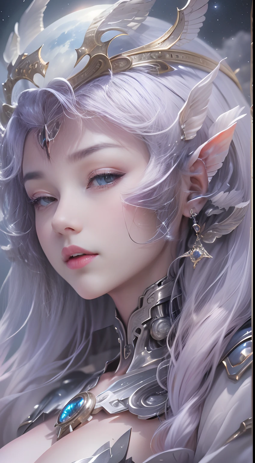 ((top-quality))、((tmasterpiece))、(detaileds)、Enchanting angels、Beautiful angels in the night sky、Fantastic beauty、perched on a cloud、(fantasy illustrations:1.3)、a captivating gaze、The pose is seductive、delicate wings、otherworldly charm、mystical sky、 (author:Luis Royo(Luis Royo):1.shitaka Amano:1.1)、Moon Night、pastelcolor、(detailed cloudscape:1.3)、(A high resolution:1.2)Complex 3d rendering ultra detailed beautiful porcelain profile female android face、Cyborgs、cyborg robot parts、150mm、Beautiful Studio Soft Lights、rim-light、Vivid details、luxuriouscyberpunk、Ren Hao、surrealist、anatomically、face muscles、Cable Electrical Wire、micro Chip、ellegance、beatiful background、Big red full moon、octan render、HR Giger style、8K、top-quality、tmasterpiece、illustratio、Extremely Delicately Beautiful、A highly detailed、NFFSW、unified、the wallpaper、(hentail realism、Photorealsitic:1.37)、magnifica、finely detailed、tmasterpiece、top-quality、offcial art、Highly detailed ticker Unity 8K wallpapers、absurderes、unbelievable Ridiculous、droid、silver halmet、full body Esbian、Sit on the、the skin is white, Transparent and beautiful、