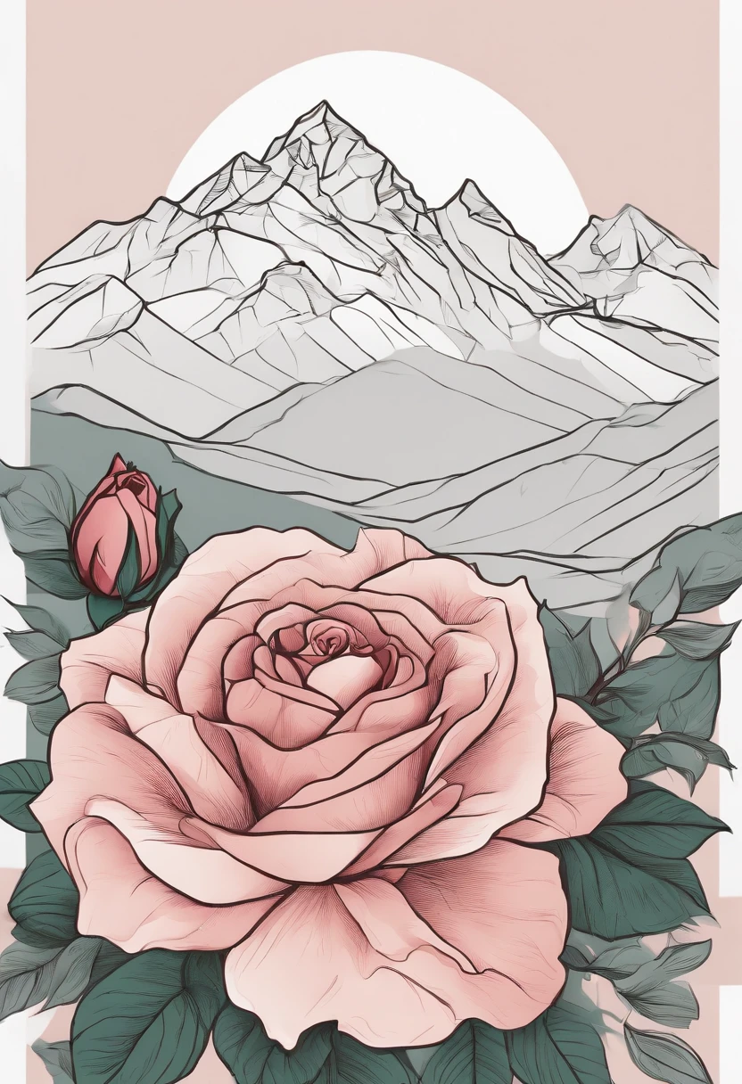 Mountain minimalist background, Drawing is simple, Drawn，Rose flowers，geometric figure，Flattening，Thorn vine