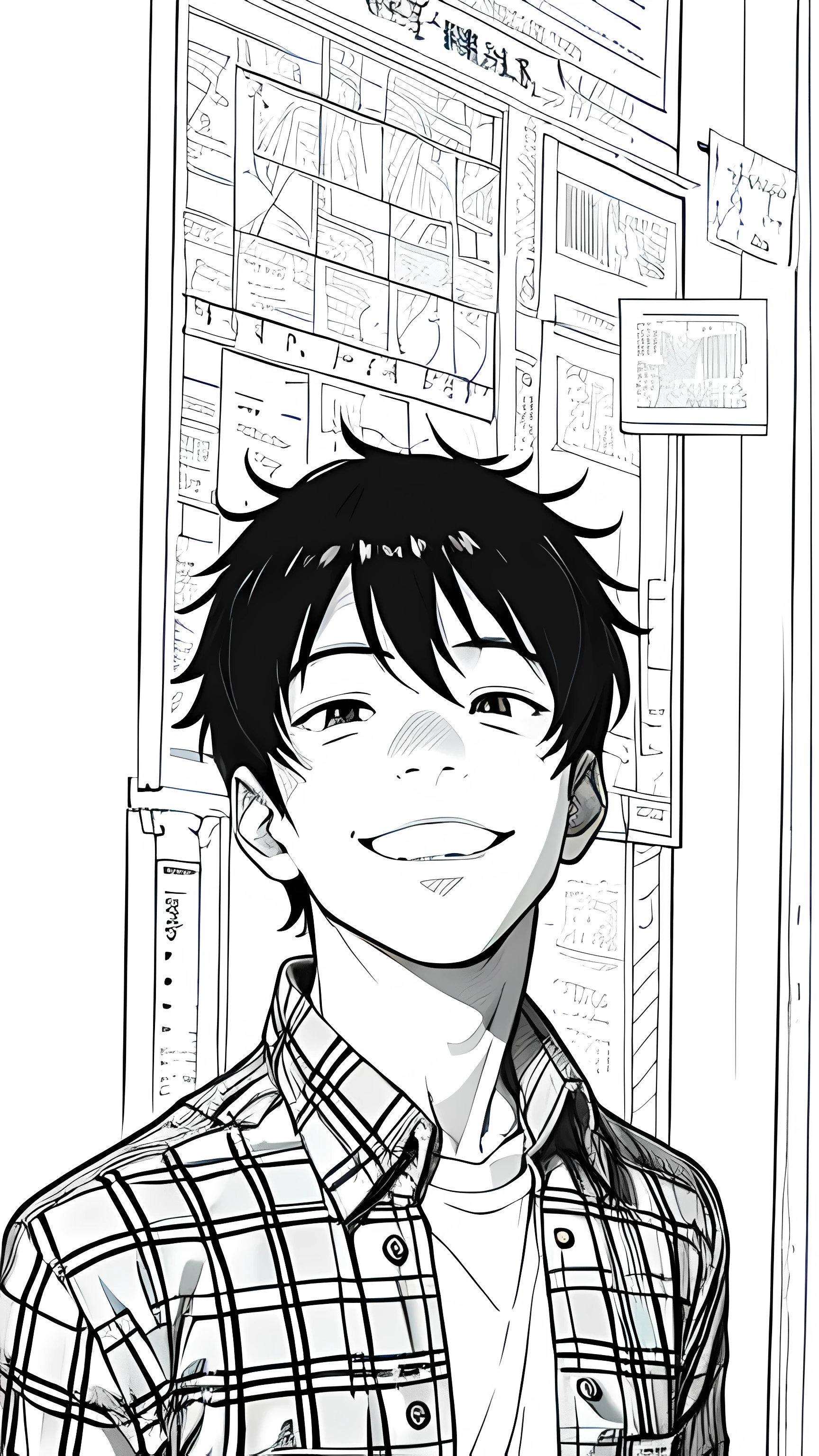 1boy, solo, black hair, wearing a red flannel shirt, smile, looking at viewer, lineart, monochrome, tatsuki fujimoto, manga