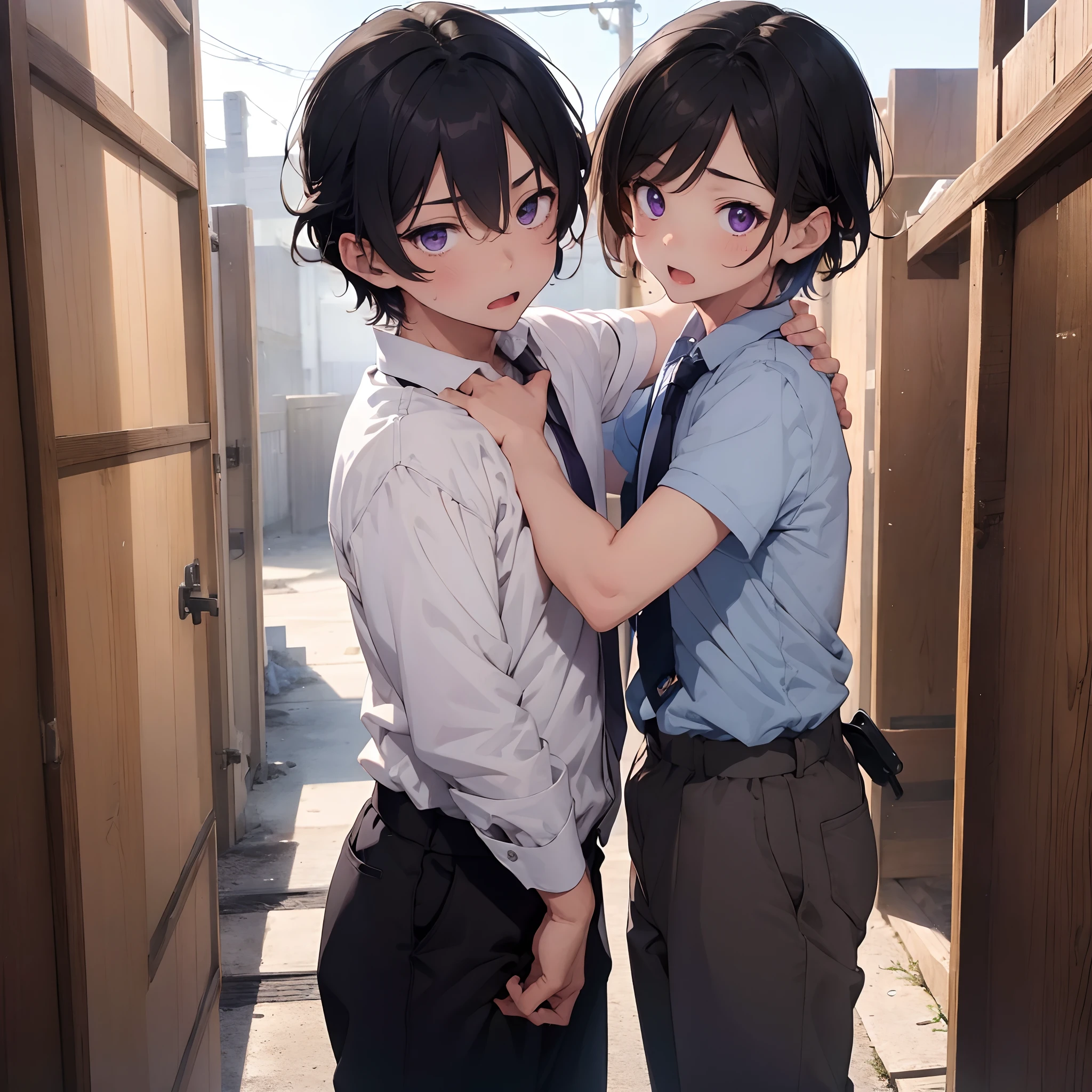 2boy,(A senior boy is hugging a junior boy from behind),boy's school-uniform, small mouth,nose blush,at school,evening time,Diversity,
beautiful lighting, dynamic angle, sharp,