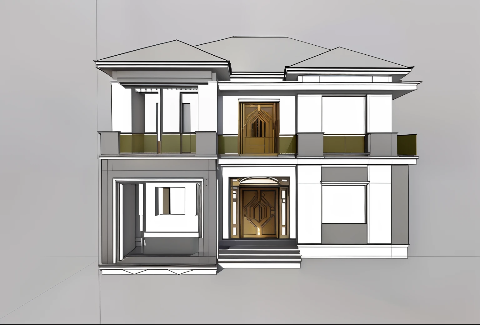 a drawing of a two story house with a balcony and a balcony, overall architectural design, front perspective, complete house, front view dramatic, with 3d render, with 3 d render, perspective view, frontview, front elevation view, front view, inter dimensional villa, elevation view, architectural concept, residential design, 3 d perspective, concept house, front elevation