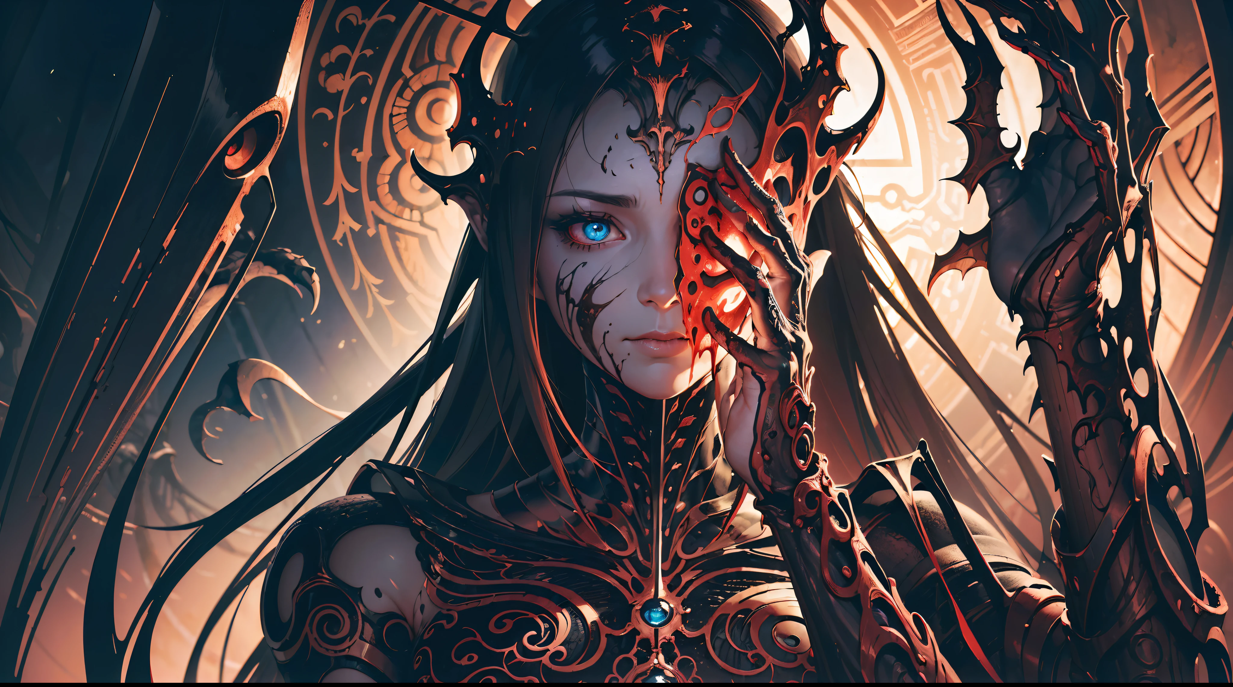 (body horror:1.4), (biomachine:1.3), (bloody:1.2), living being, (colorful:1.2), Hans Giger, many hands, (zentangle:1.2), oil on matte canvas, sharp details intricate, highly detailed, digital painting, rich color, smooth, sharp focus, illustration, Unreal Engine 5, 8K, art by artgerm and greg rutkowski and alphonse mucha (masterpiece,detailed,highres:1.2),