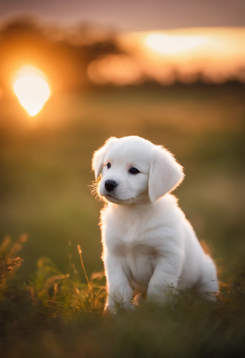 A white puppy at sunset