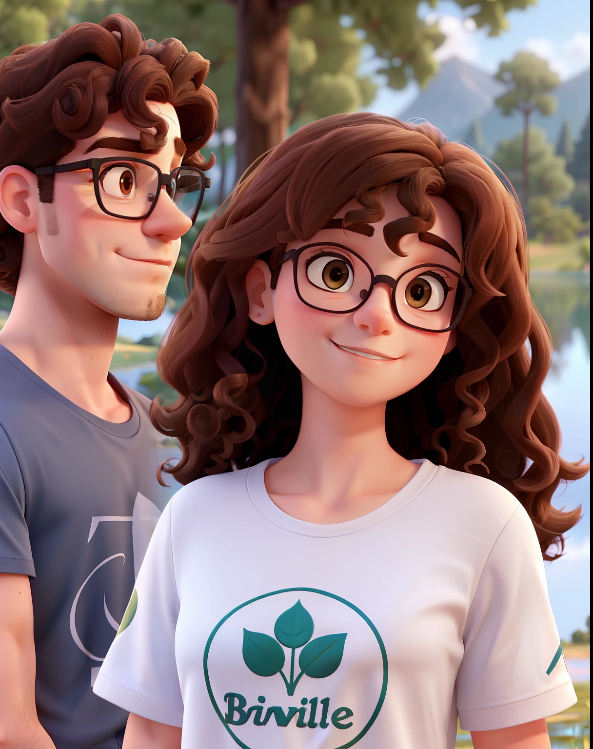 A couple near a lake, a tall white man with hair backwards and glasses wearing a Santos football club t-shirt, Woman is brunette with curly hair, com uma blusa rosa