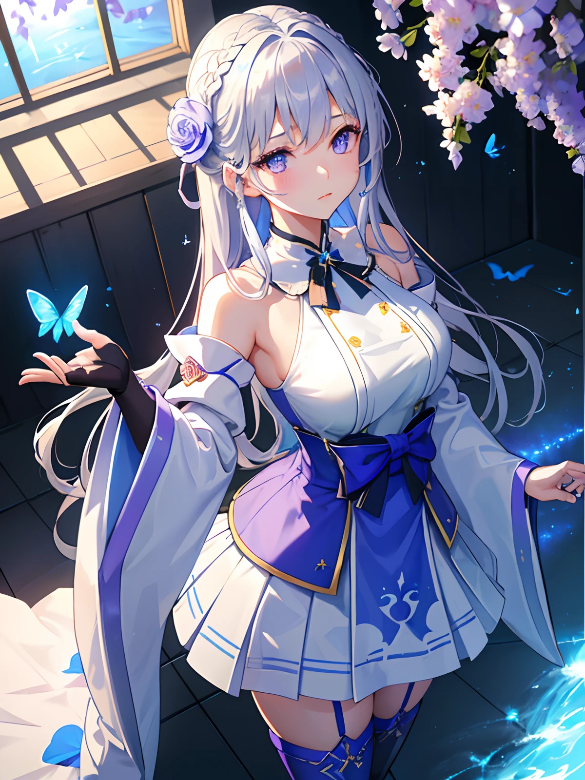 (down view),Dynamic Angle,Ultra-detailed, illustration, Close-up, straight on, 1girll, (fantasy:1.4), ((Purple eyes)),Her eyes shone like dreamy stars,(Glowing eyes:1.233),(Beautiful and detailed eyes:1.1),(Silver hair:1.14),(Messy hair,Very long hair,french braid,hair between eye,side locks), (+(bule hair flower:1.14)),(Chiffon dress,bule flower pattern in uniform)/=(army suit:1.24),(Detached sleeves,Wide sleeves),(Fingerless gloves),choker necklace,(miko thighhighs),high heels boots,(Expressionless,Closed mouth),(standing), (classical Princess boudoir with dressing tableand french windowin a white ancient palaces),(White flowers,full bloom),(abyssal),(Flowing water),(a dull blue world tree:1.14),(废墟),(Night:1.2),Dreamy,soul,(Fluorescence),(flying translucent blue butterflies:1.15), [[Delicate fingers and hands:0.55]::0.85],(Detail fingers),(yubao:0.5),