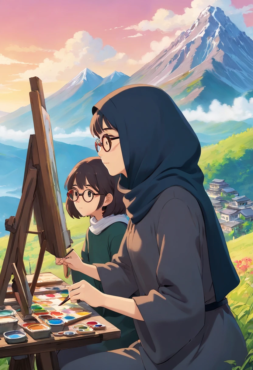 a pair of guy and girl, guy with Korean hair, girl wearing black hijabs, wearing glasses, are painting together, with mountains in the background, cute