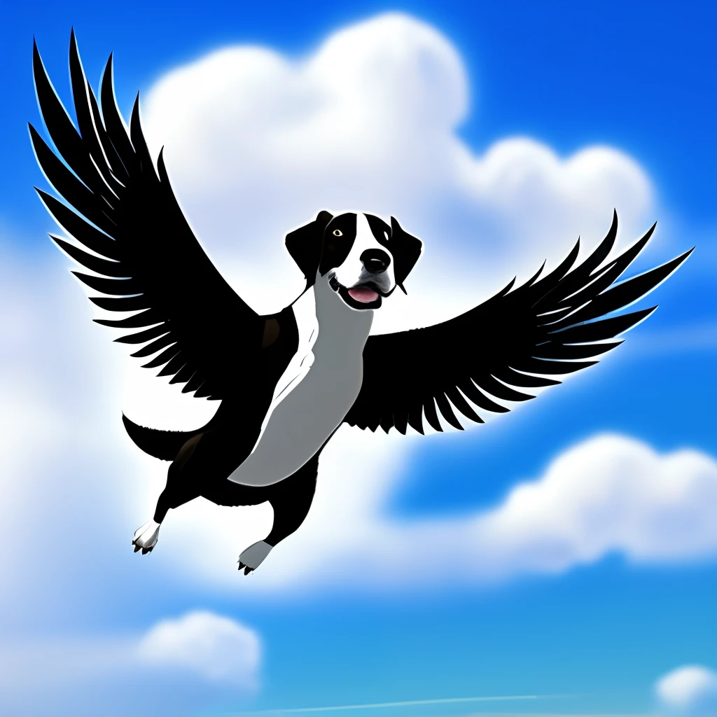 The dog has wings and is flying in the sky